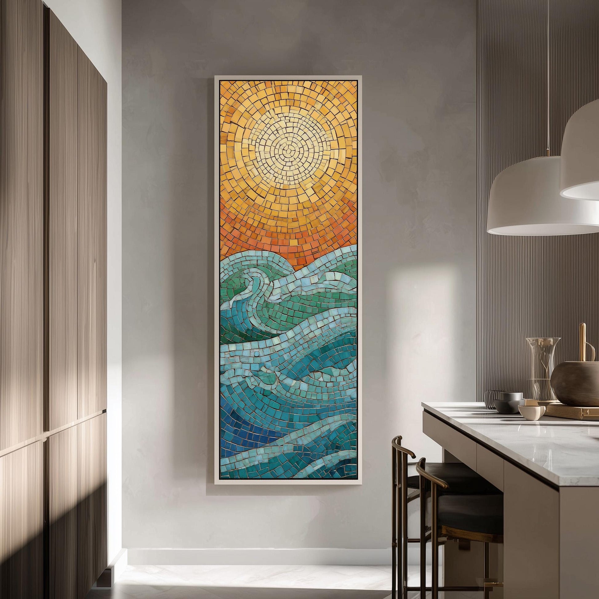 a large, colorful mosaic artwork hanging on a wall in a modern kitchen.