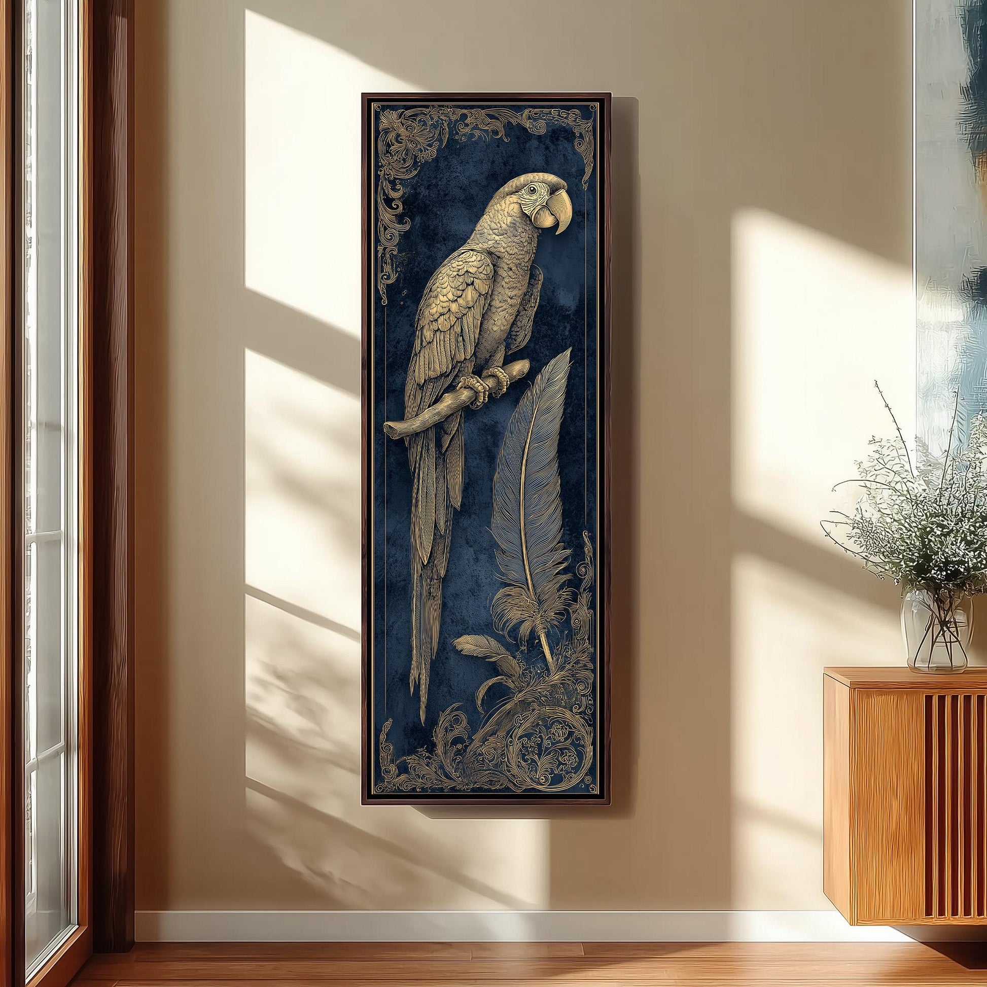 a large, ornate painting of a parrot perched on a branch, with intricate details and a rich color palette.