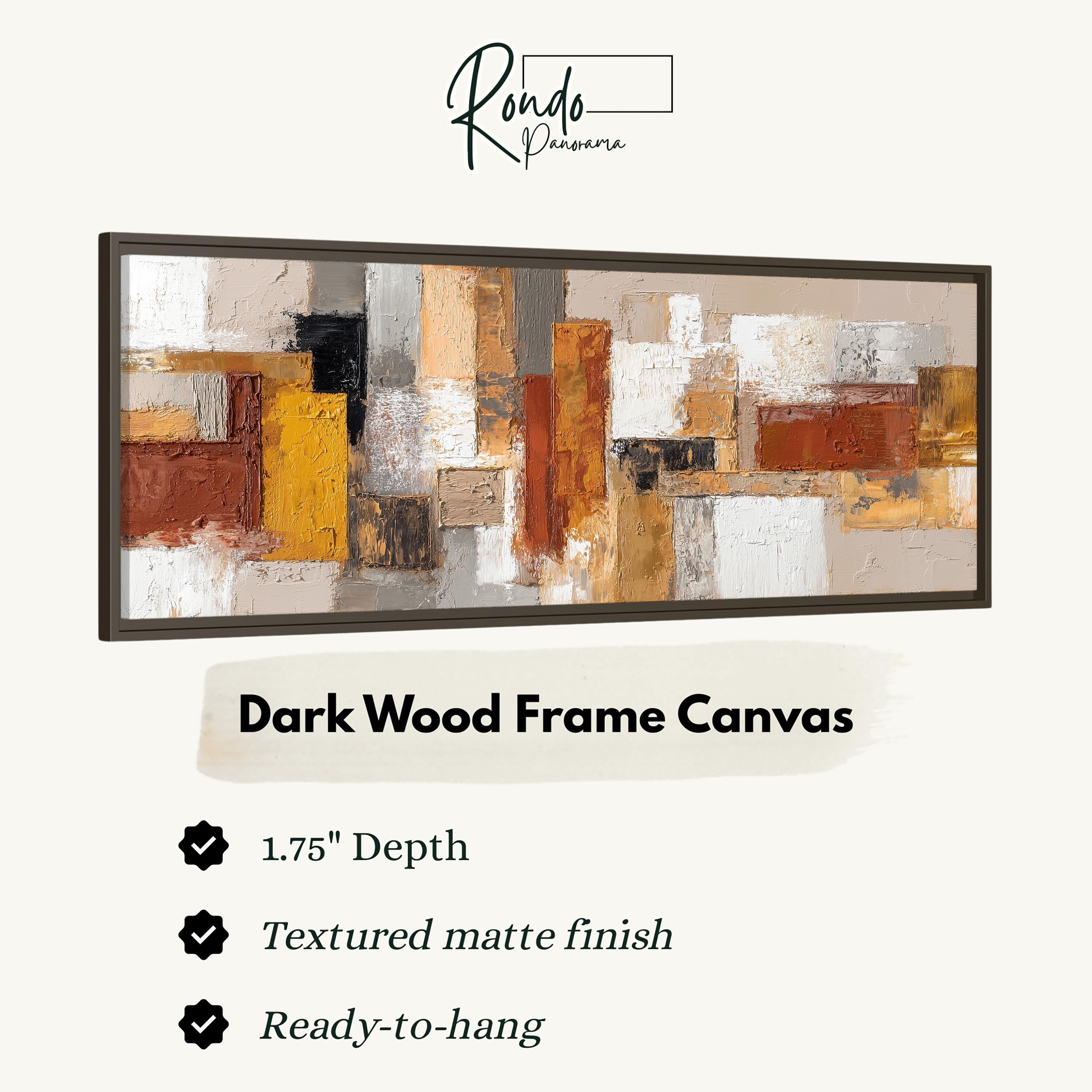 The image is a product advertisement for a dark wood frame canvas. It features a large abstract painting with a variety of colors and textures. The advertisement highlights the canvas's features, such as its 1.75" depth, textured matte finish, and the ability to hang it easily.