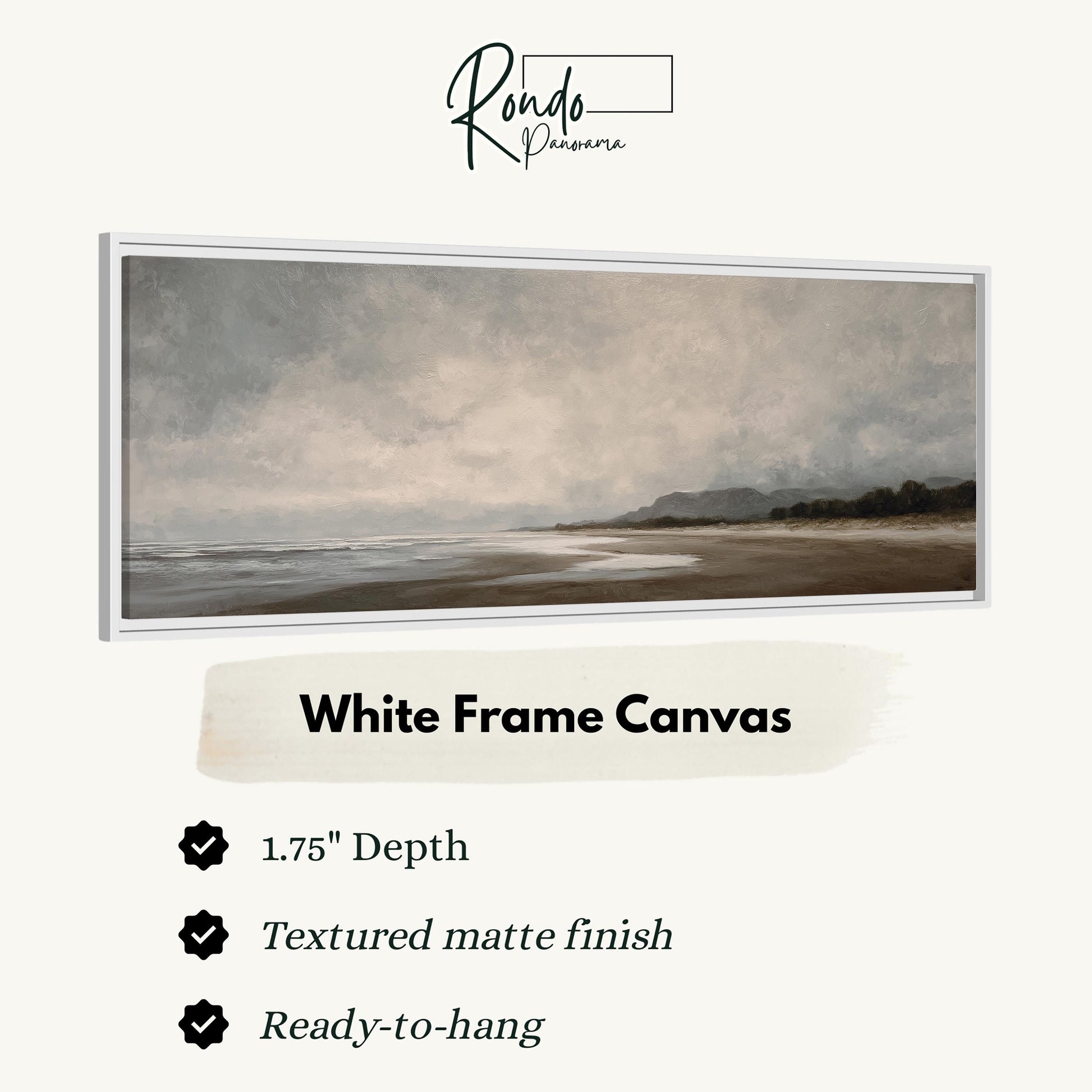 The image is a white frame canvas depicting a serene landscape with a beach and mountains in the background.