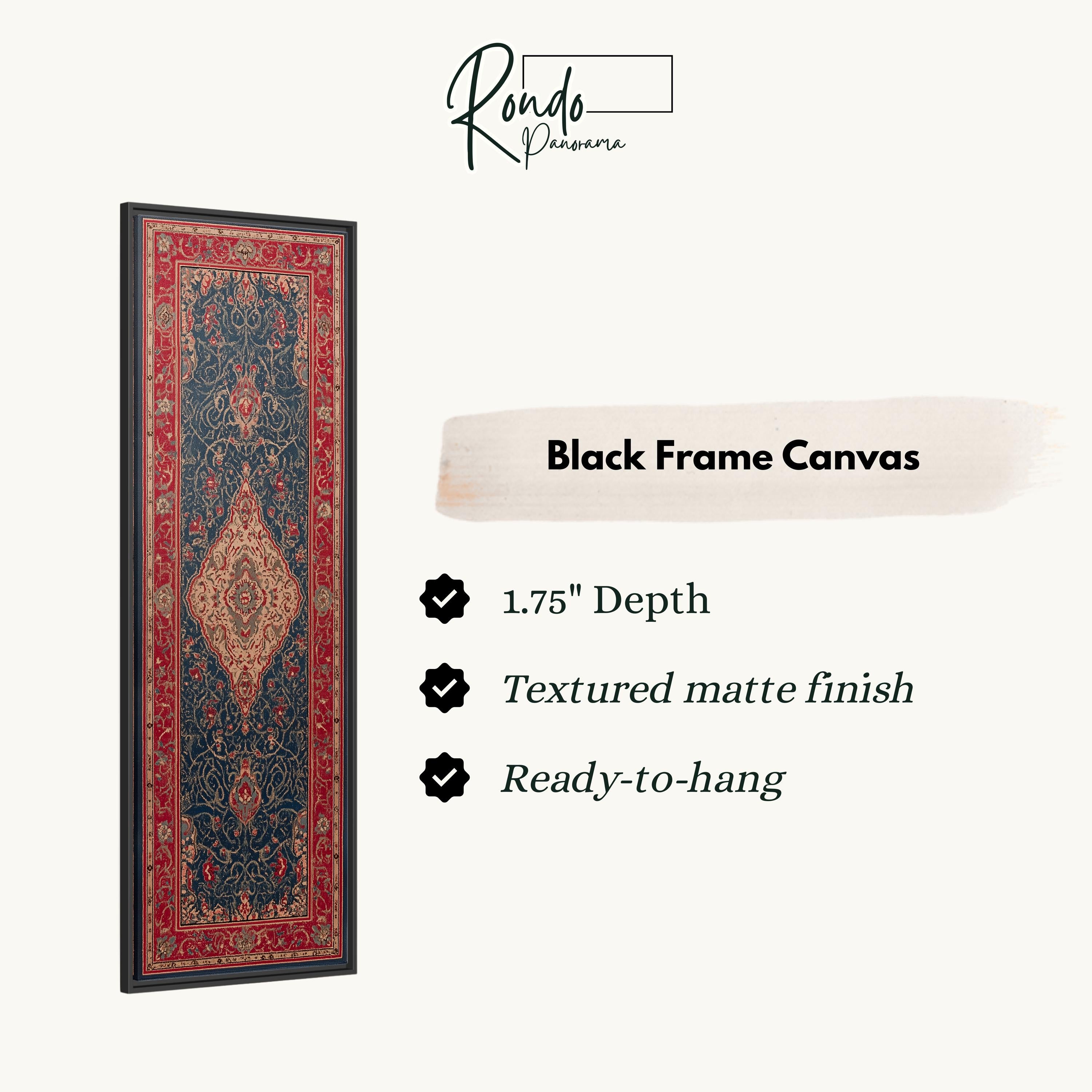 a black frame canvas with a red and blue patterned design.