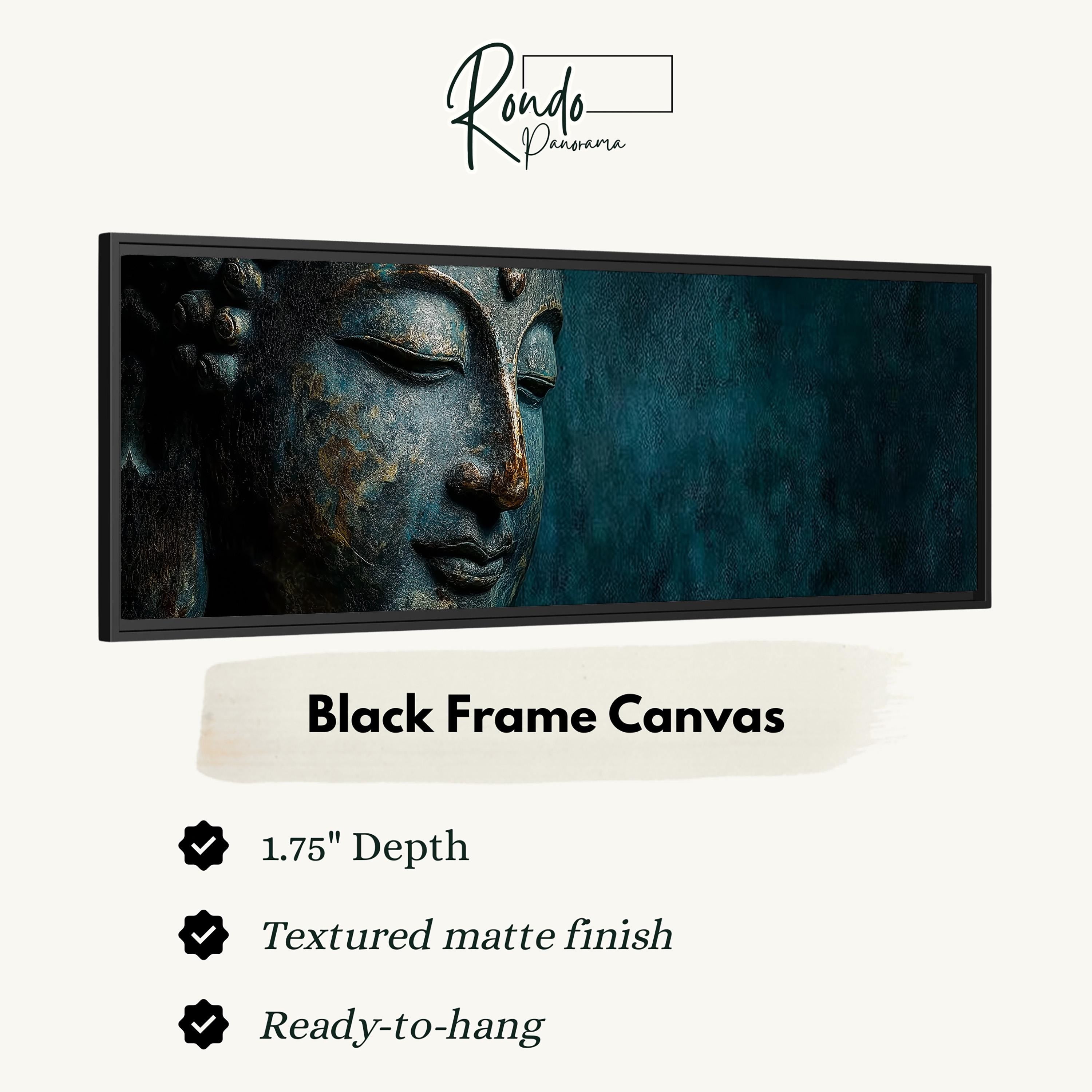 a black frame canvas with a close-up of a Buddha's face in a blue and gold color scheme.