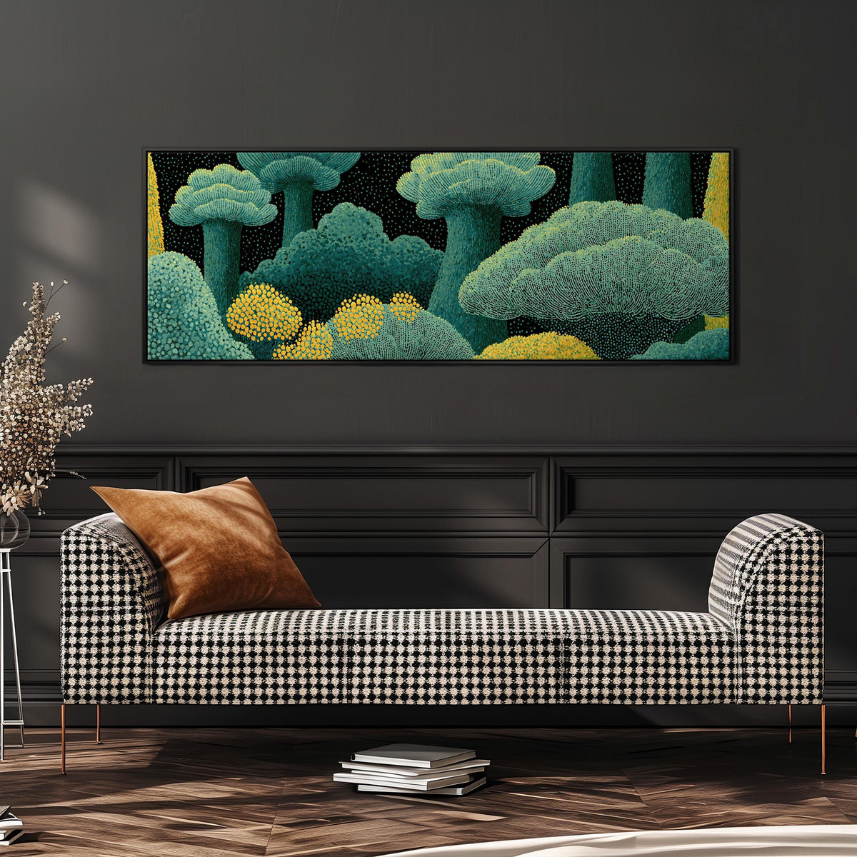 Teal dotted treetops wide panoramic canvas print above a bench in a dark living room