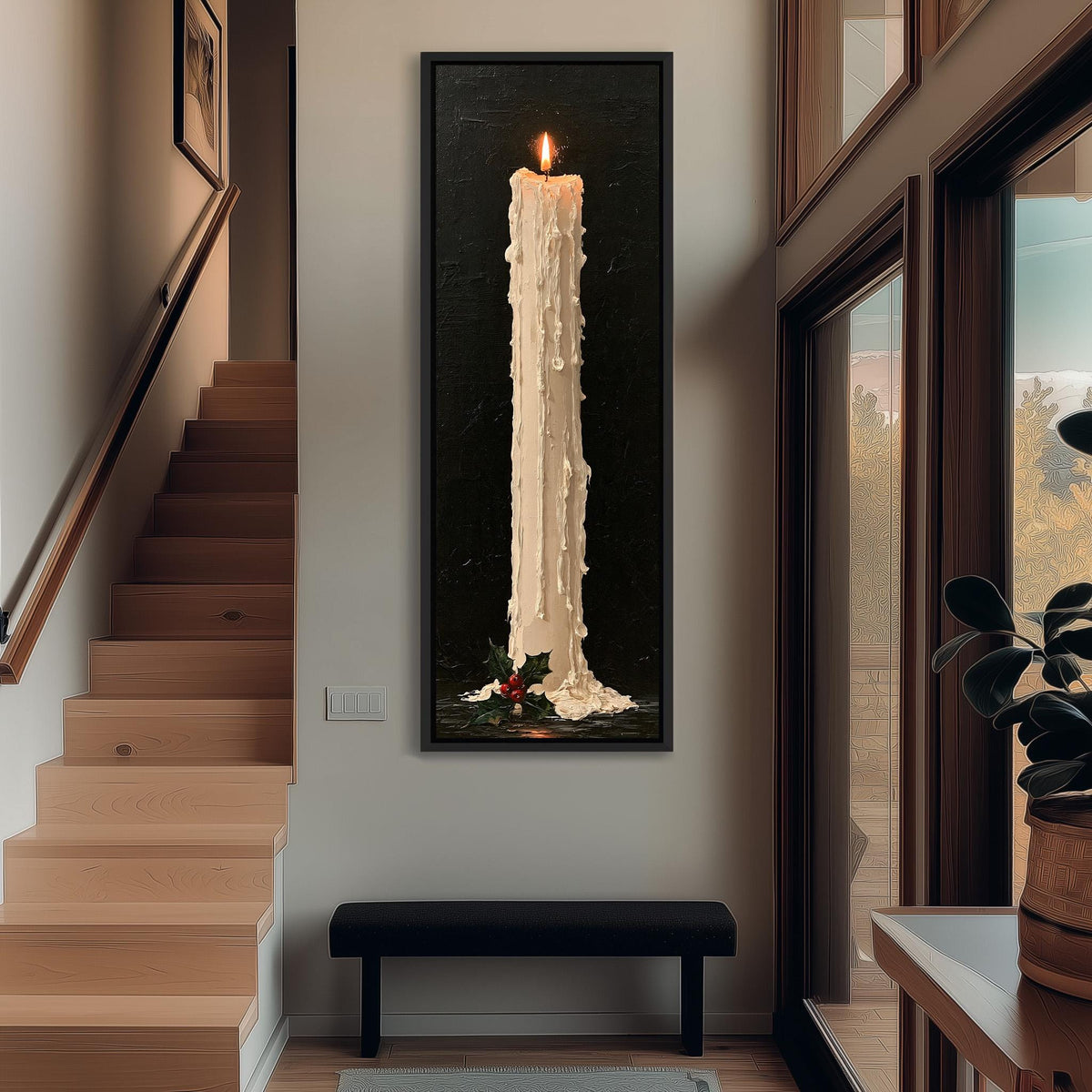 Tall dripping candle with holly long vertical canvas print in a sunlit living space