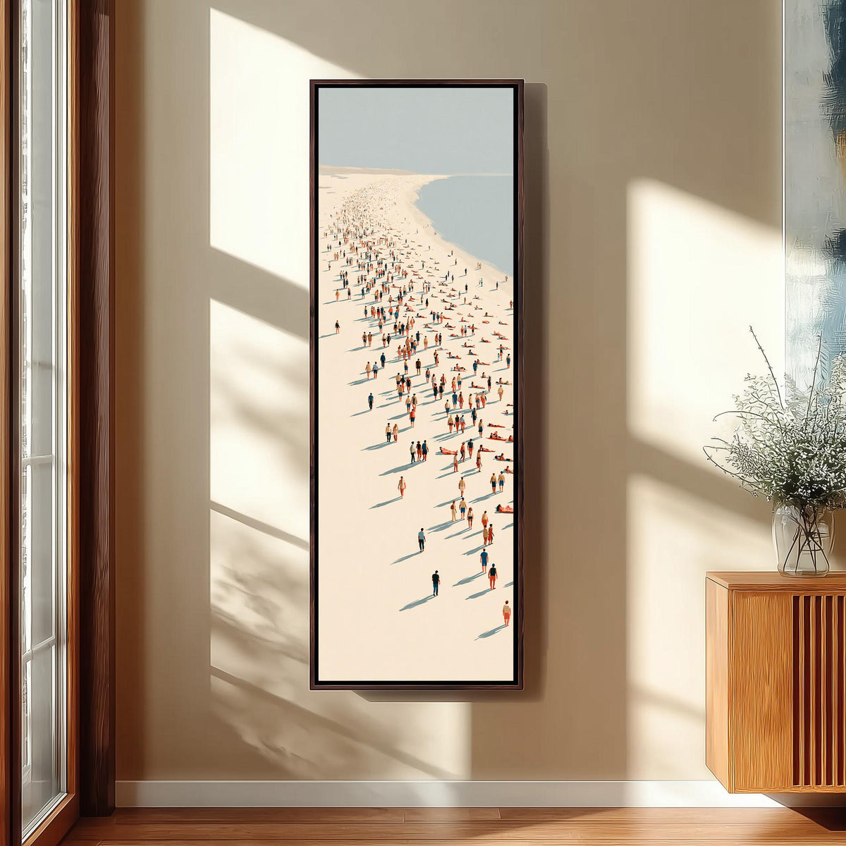 Beach walkers along a diagonal shoreline tall skinny canvas print in a sunlit living space
