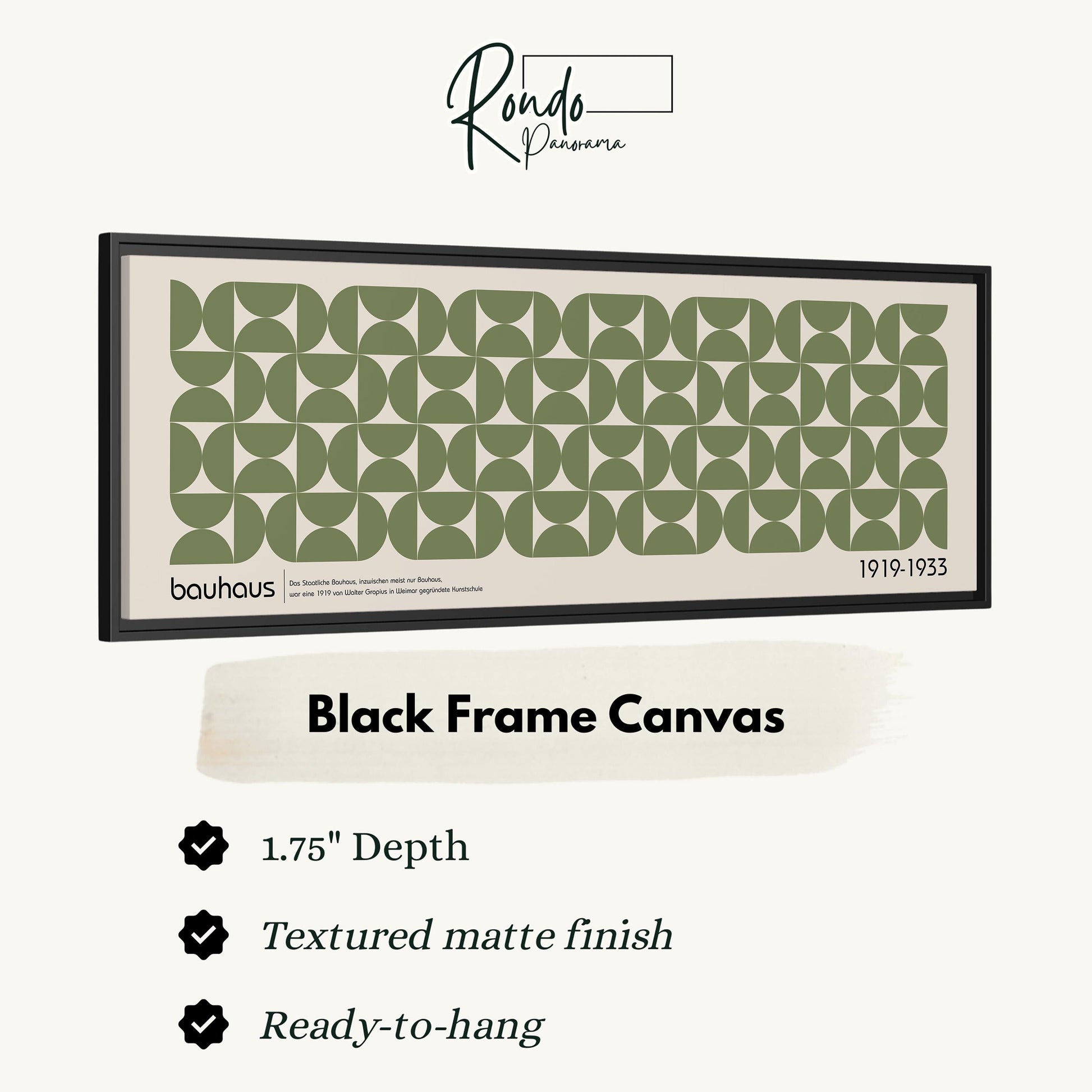 The image is a framed artwork with a geometric pattern in shades of green and black.