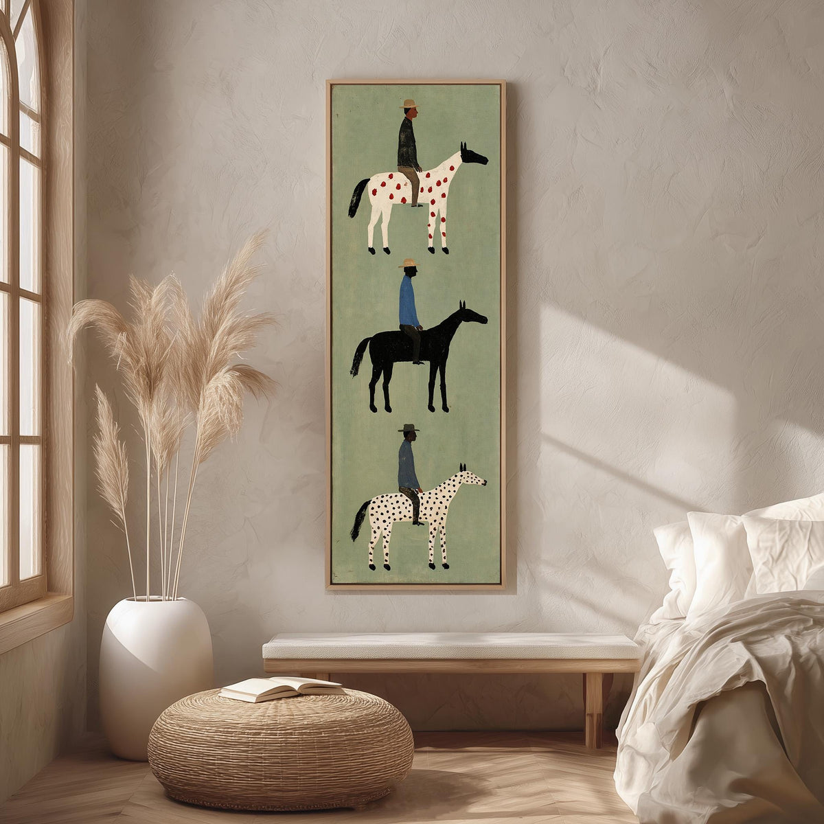 Three folk riders on spotted horses stacked vertically long vertical canvas print in a bright reading corner