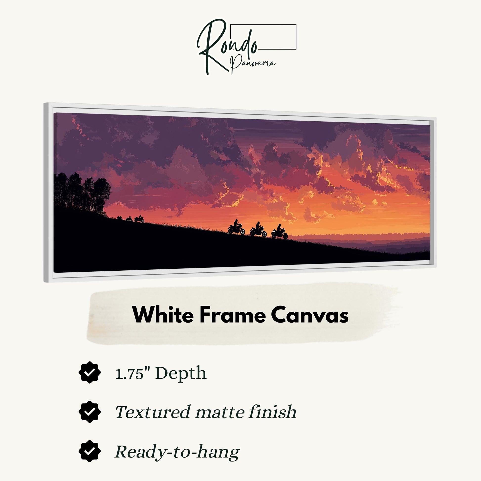 The image is a white frame canvas depicting a sunset over a hill with silhouetted figures riding motorcycles.