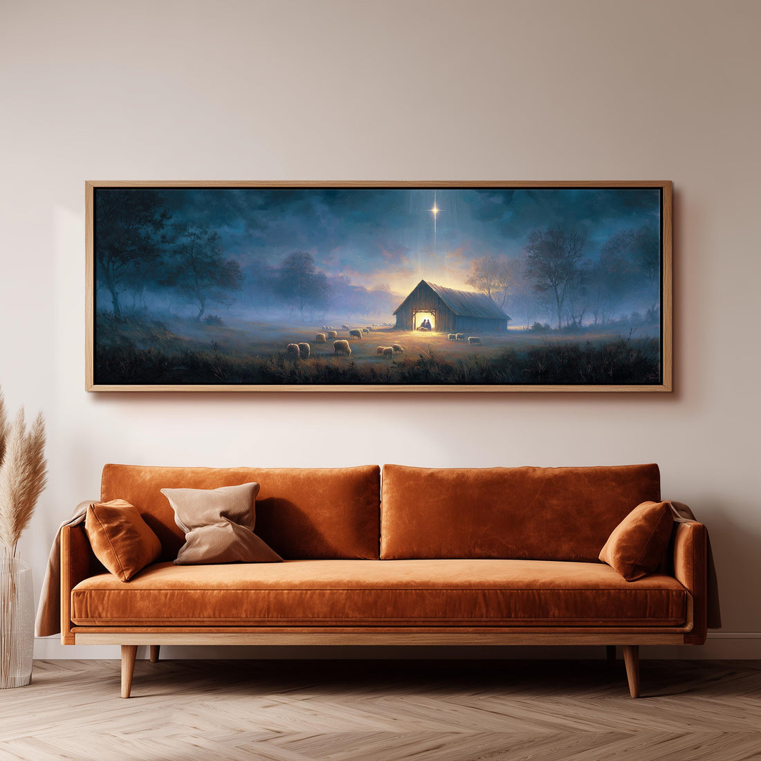 a large, framed painting of a serene landscape depicting a barn at night, with a star shining brightly above it. The painting is hung on a wall above a black and white checkered sofa, which is positioned in front of a bookshelf.