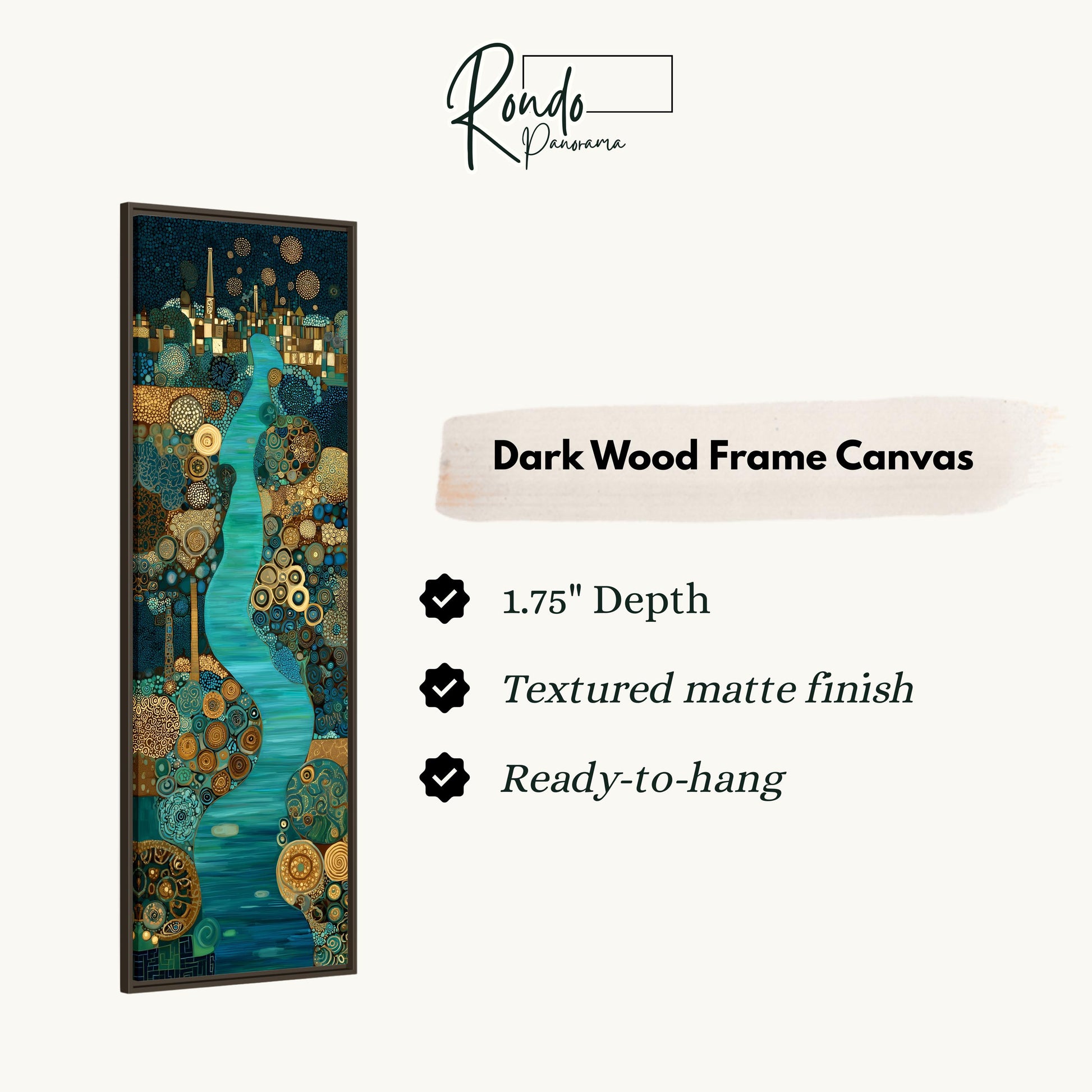 The image is a dark wood frame canvas featuring an abstract painting with a river and various elements in shades of blue, green, and gold.