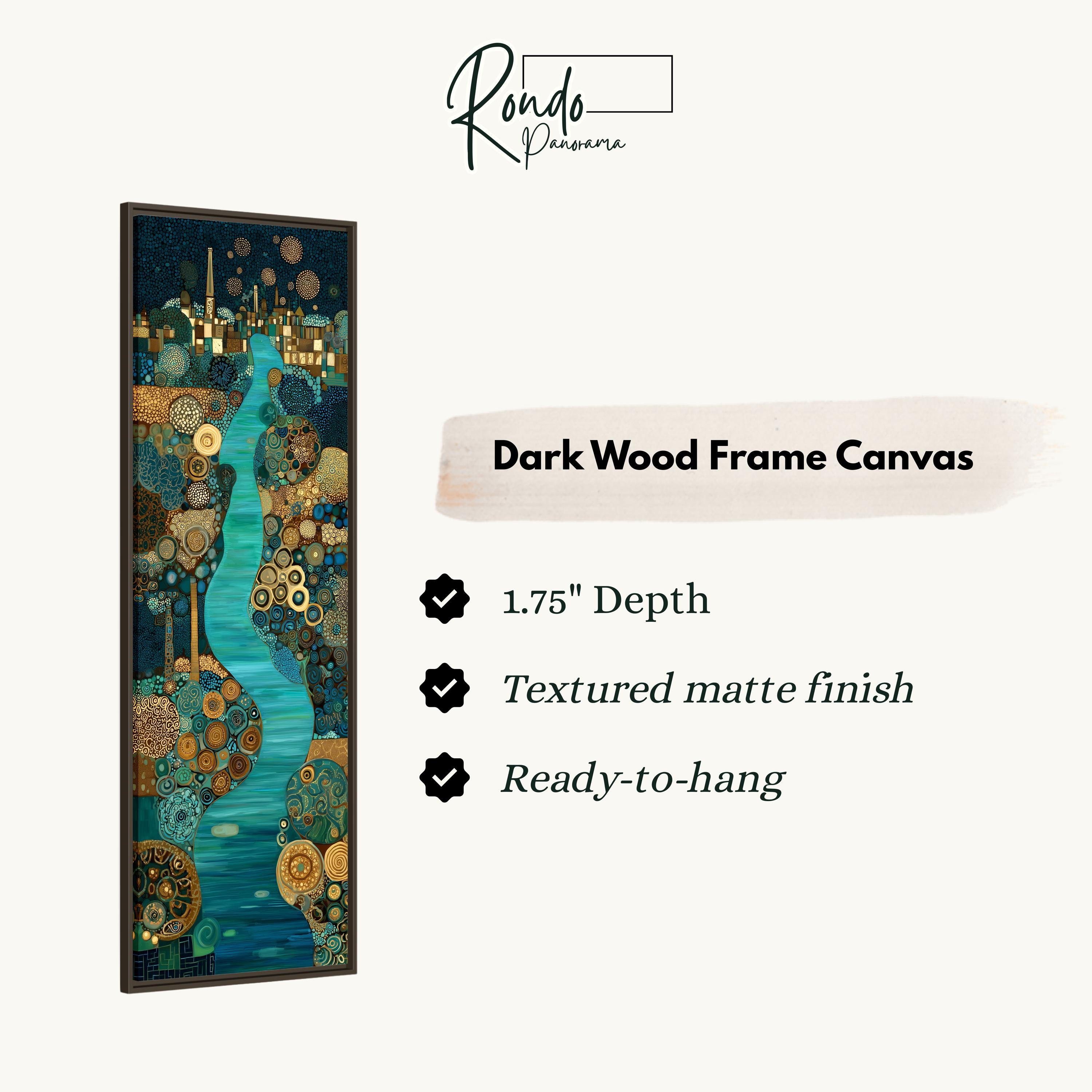The image is a dark wood frame canvas featuring an abstract painting with a river and various elements in shades of blue, green, and gold.