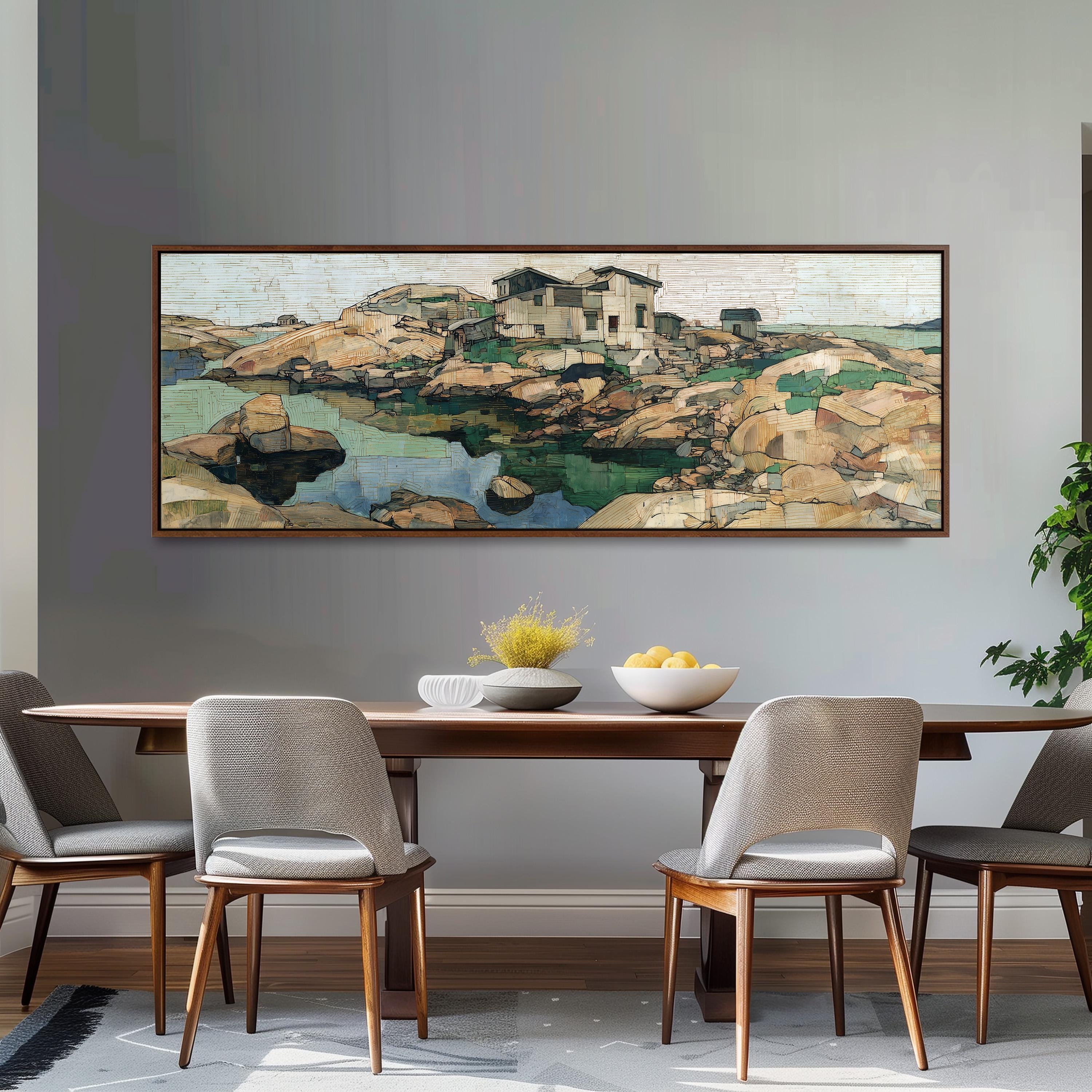 a dining room with a large painting of a landscape hanging on the wall above a wooden table with four chairs. The painting depicts a rocky shore with a house and a small body of water.