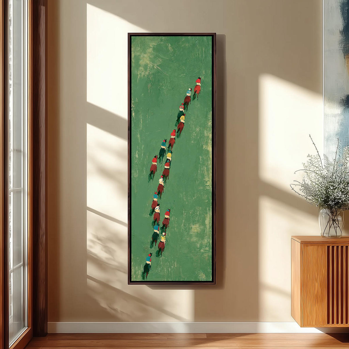Racehorses and jockeys seen from above tall narrow canvas print beside a staircase in an entryway