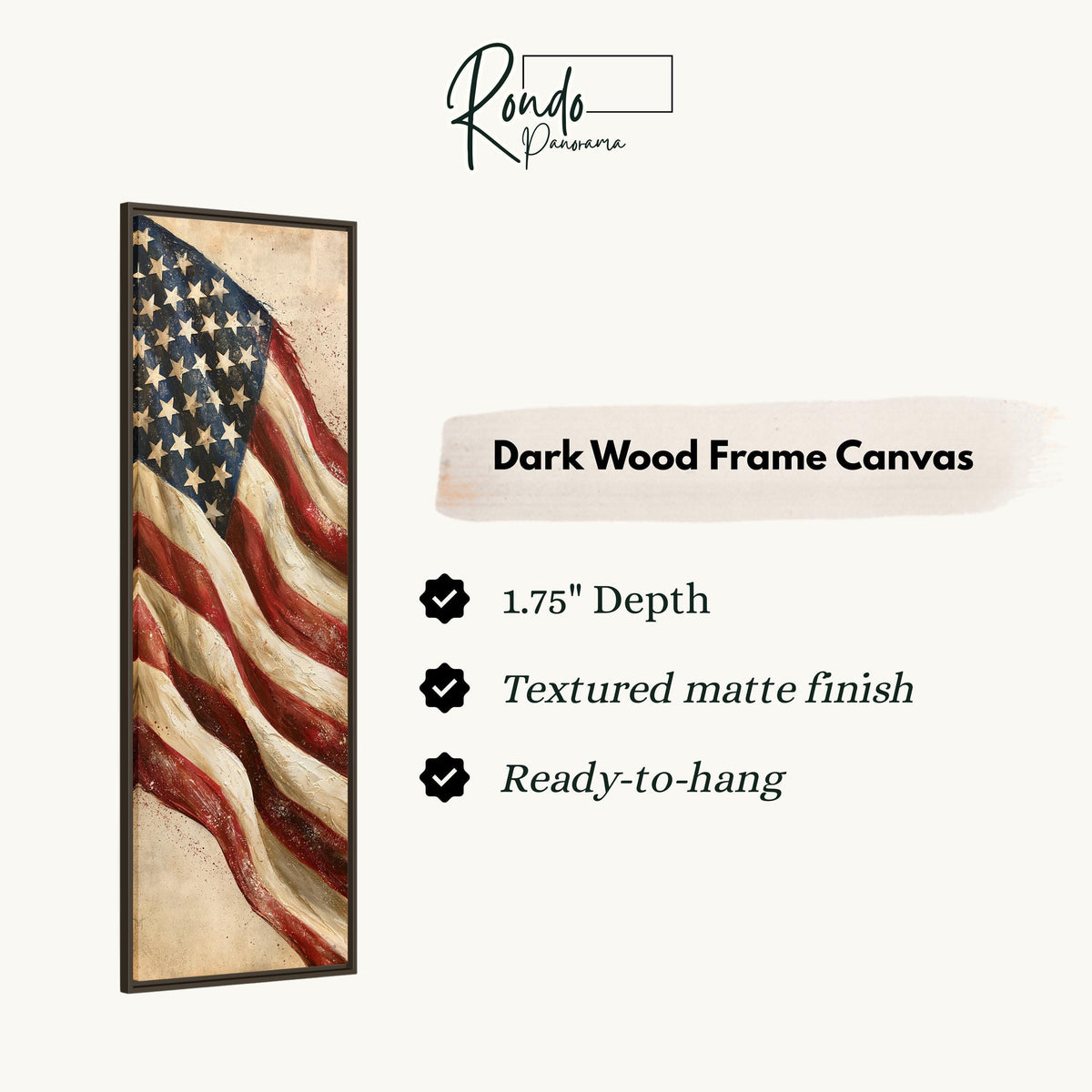 Textured waving American flag canvas print in a dark wood floating frame
