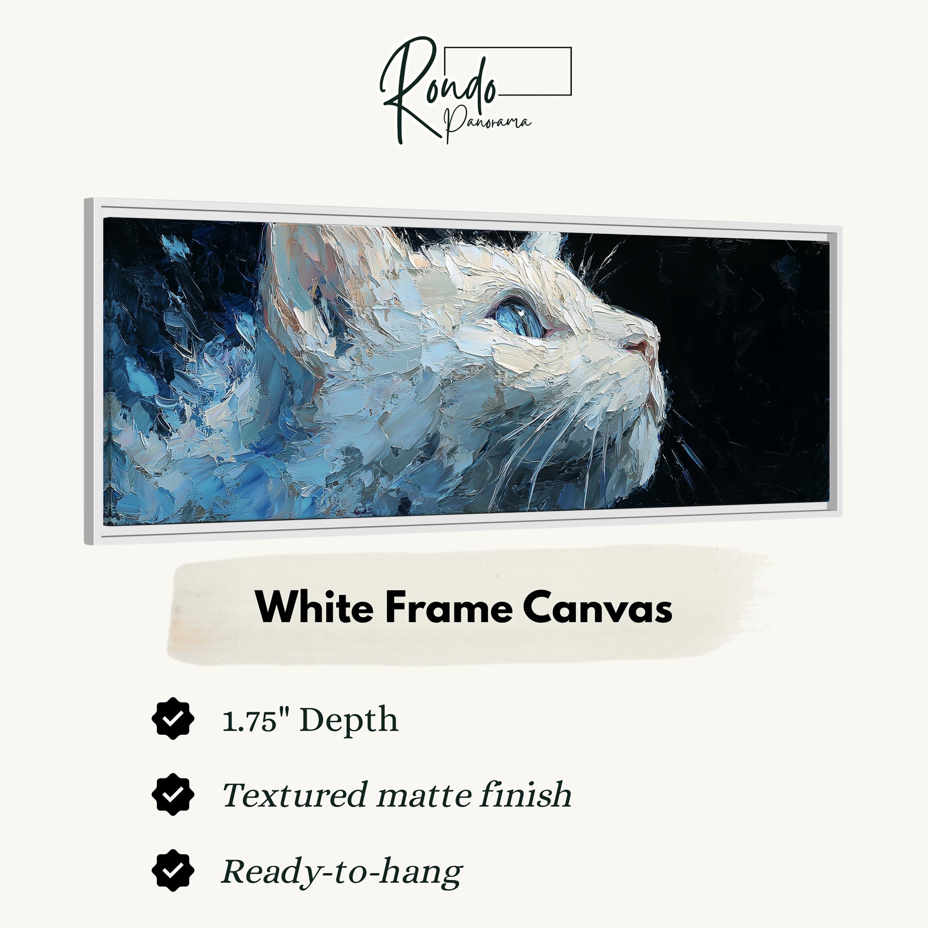 The image is a close-up of a white cat with a textured finish, displayed in a white frame.