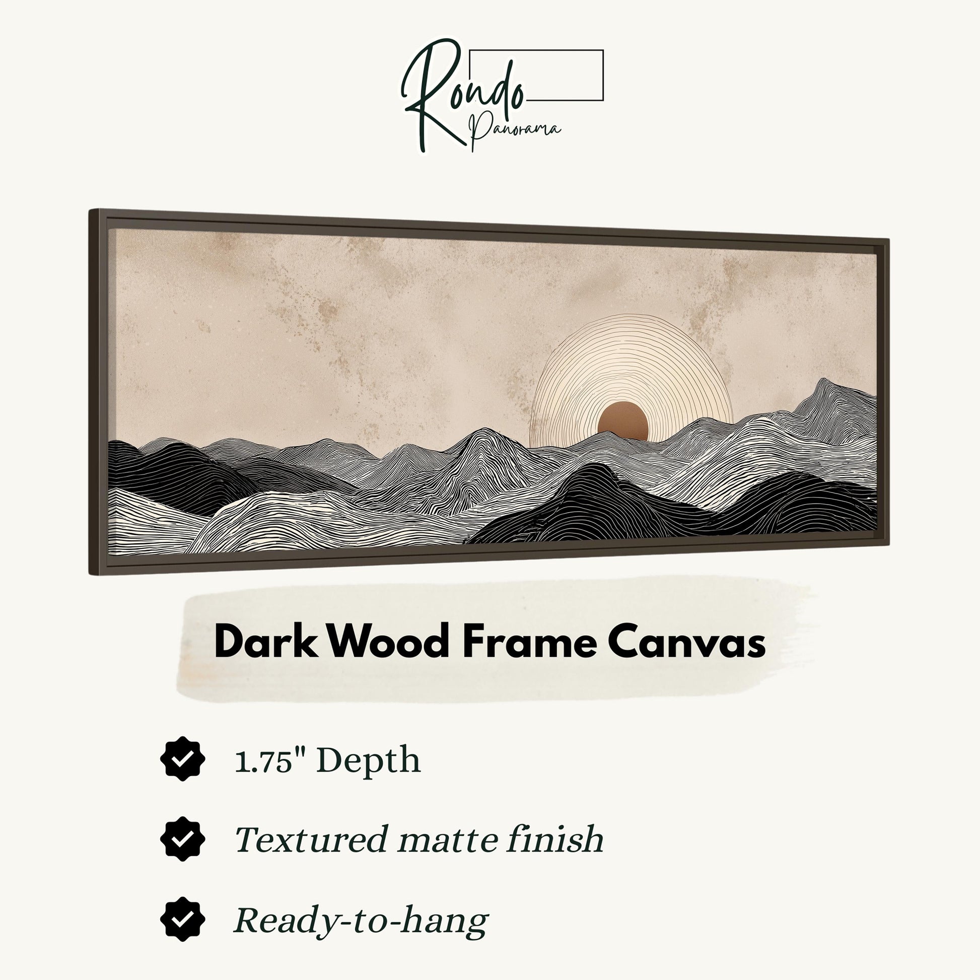 The image is a dark wood frame canvas depicting a landscape with mountains and a sun in the sky.