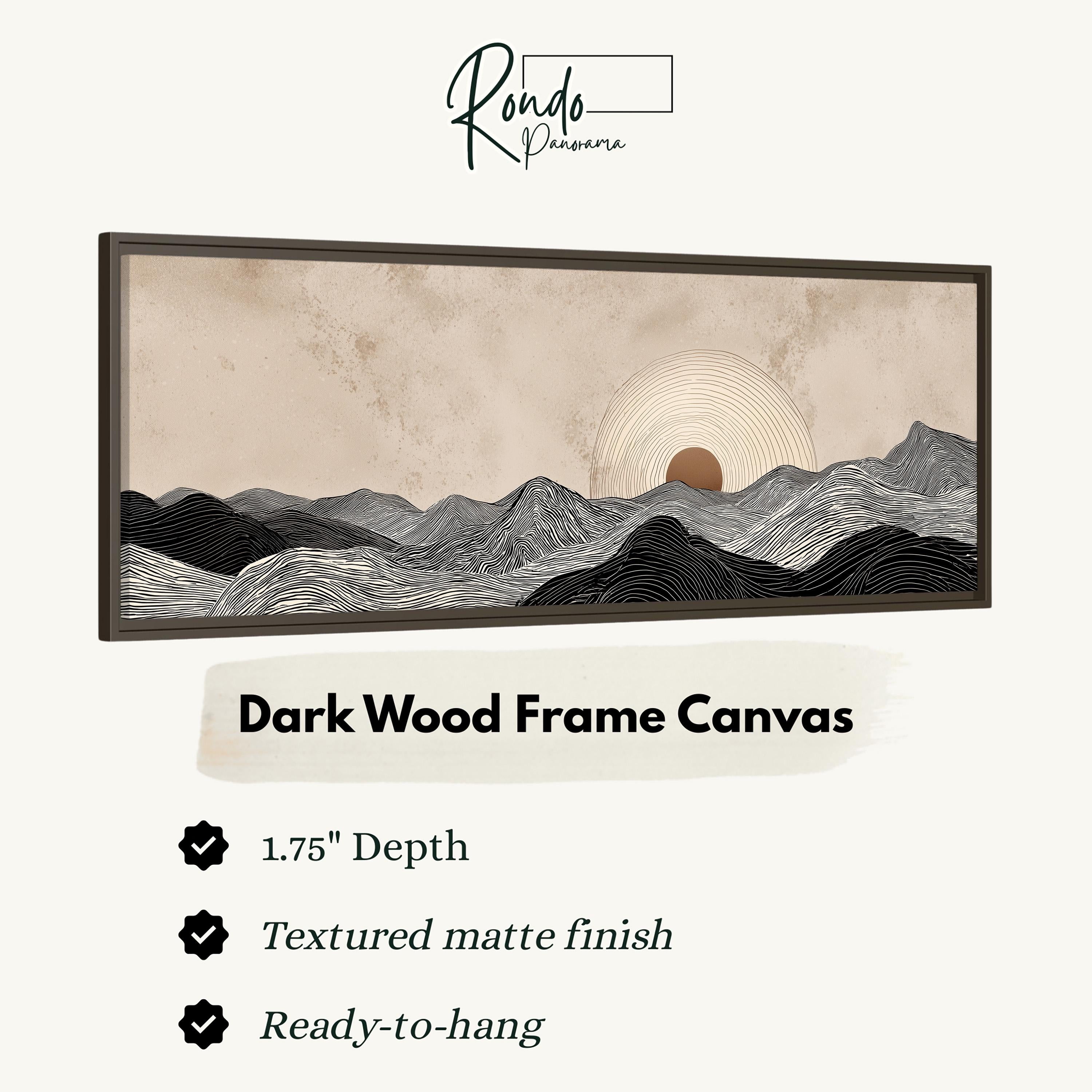 The image is a dark wood frame canvas depicting a landscape with mountains and a sun in the sky.