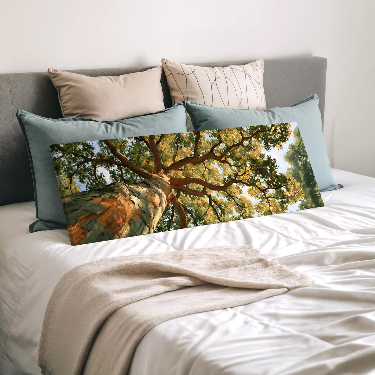 Autumn oak canopy seen from below wide panoramic canvas print laid on a bed to show its size