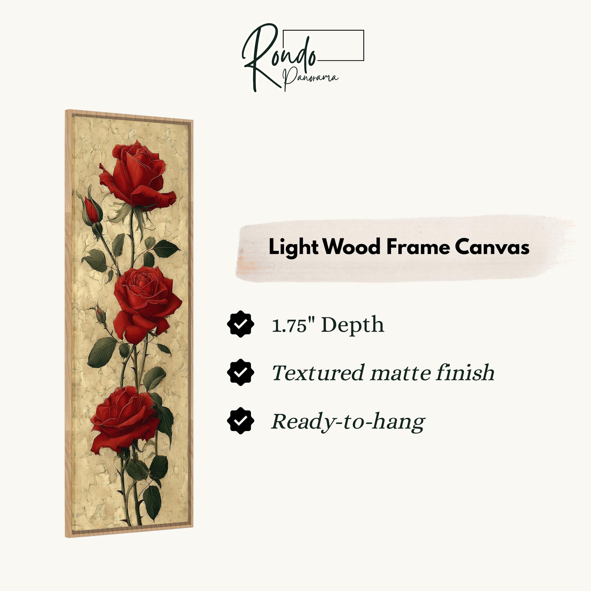 The image is a light wood frame canvas featuring a painting of three red roses.