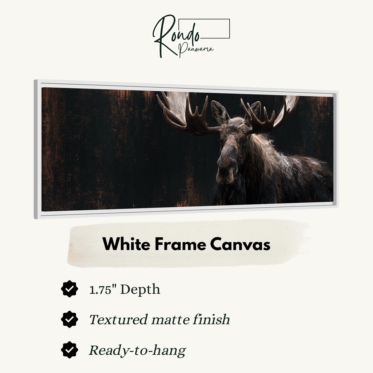 Dark moose portrait canvas print in a white floating frame