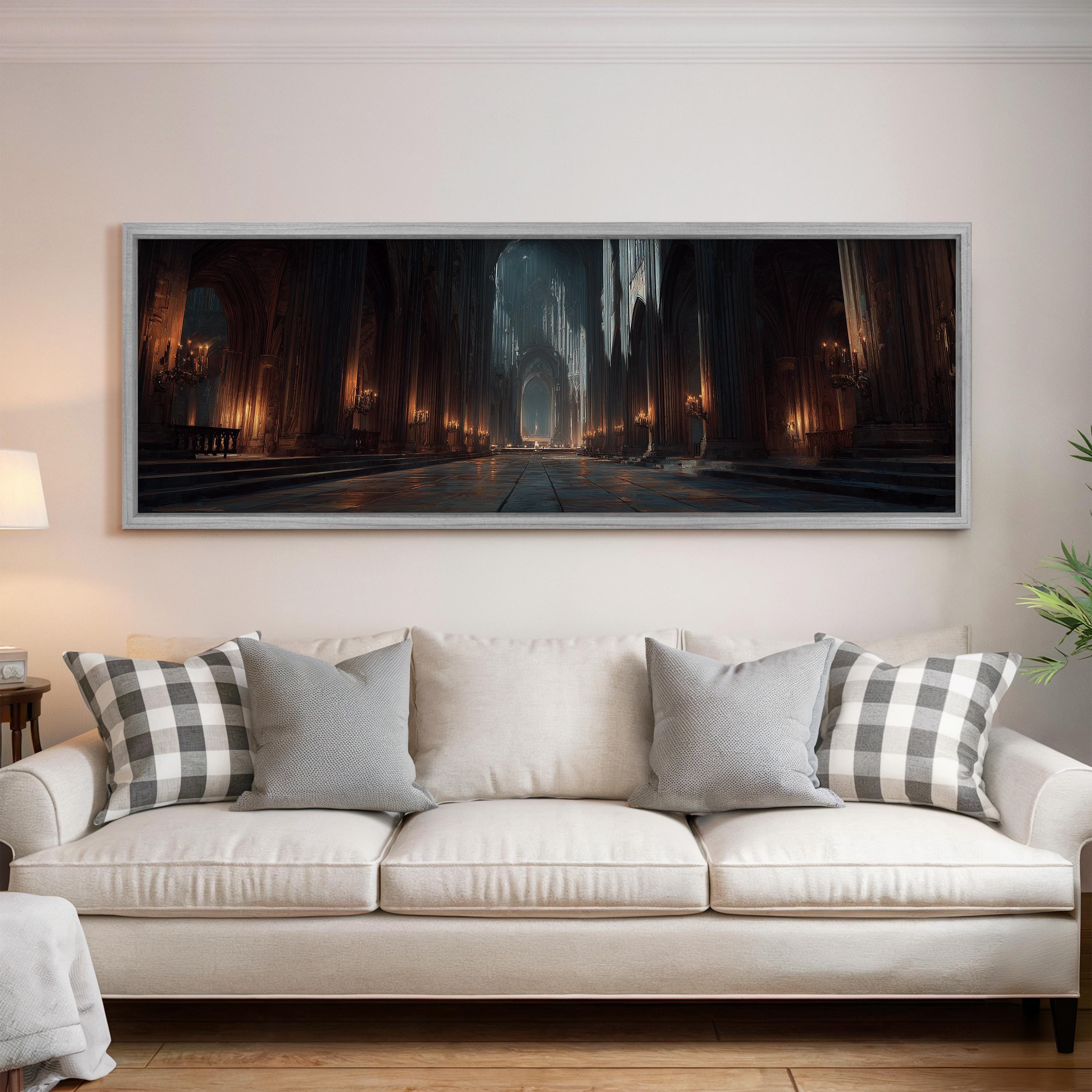 a large, framed painting of a cathedral scene hanging on a wall above a white sofa with patterned throw pillows.