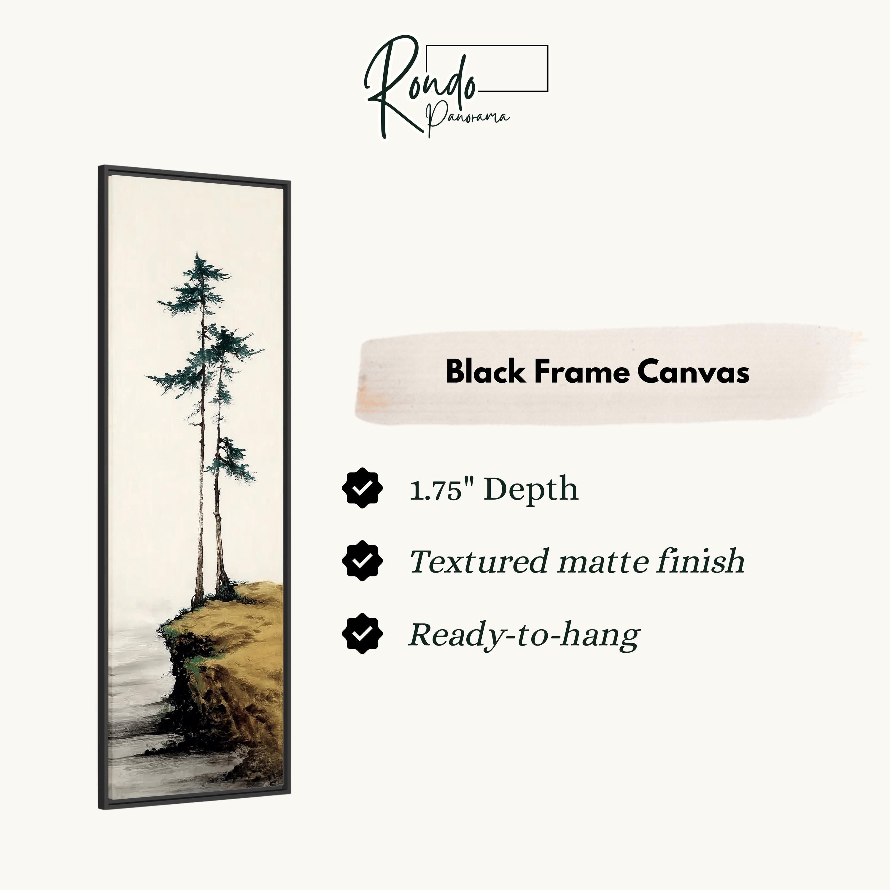 The image is a black frame canvas depicting a serene landscape with a tree on a cliff.
