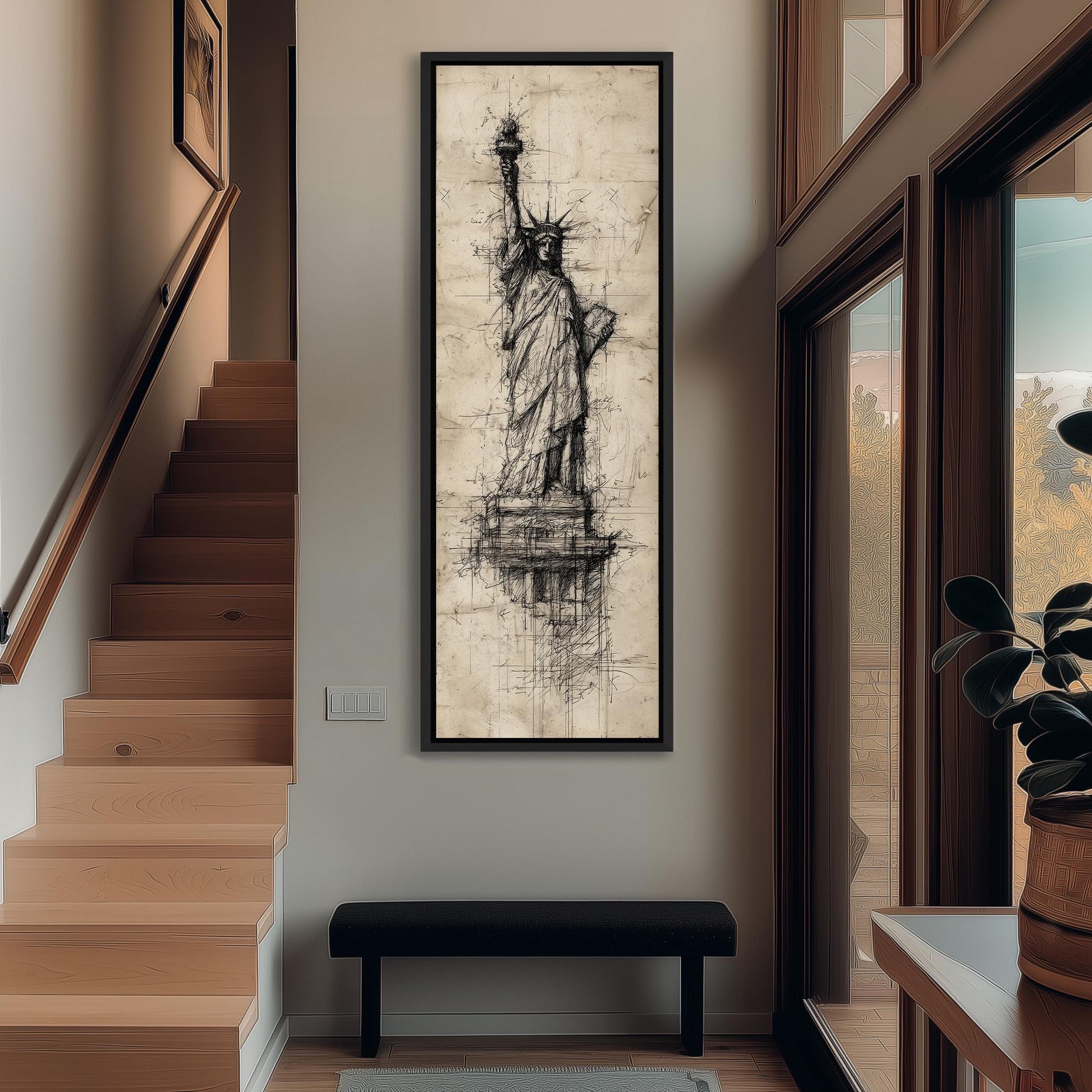 a large black and white drawing of the Statue of Liberty on the wall, with a wooden staircase and a bench in the foreground.