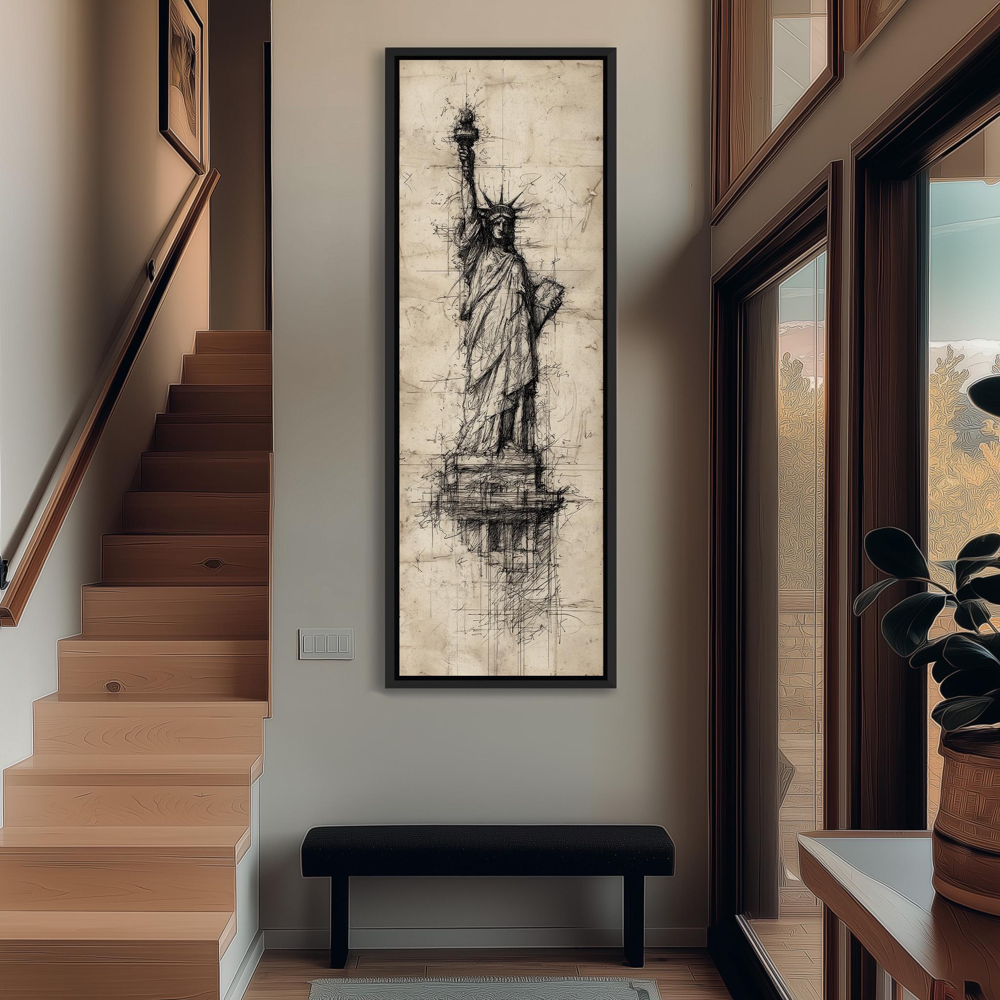 a large black and white drawing of the Statue of Liberty on the wall, with a wooden staircase and a bench in the foreground.