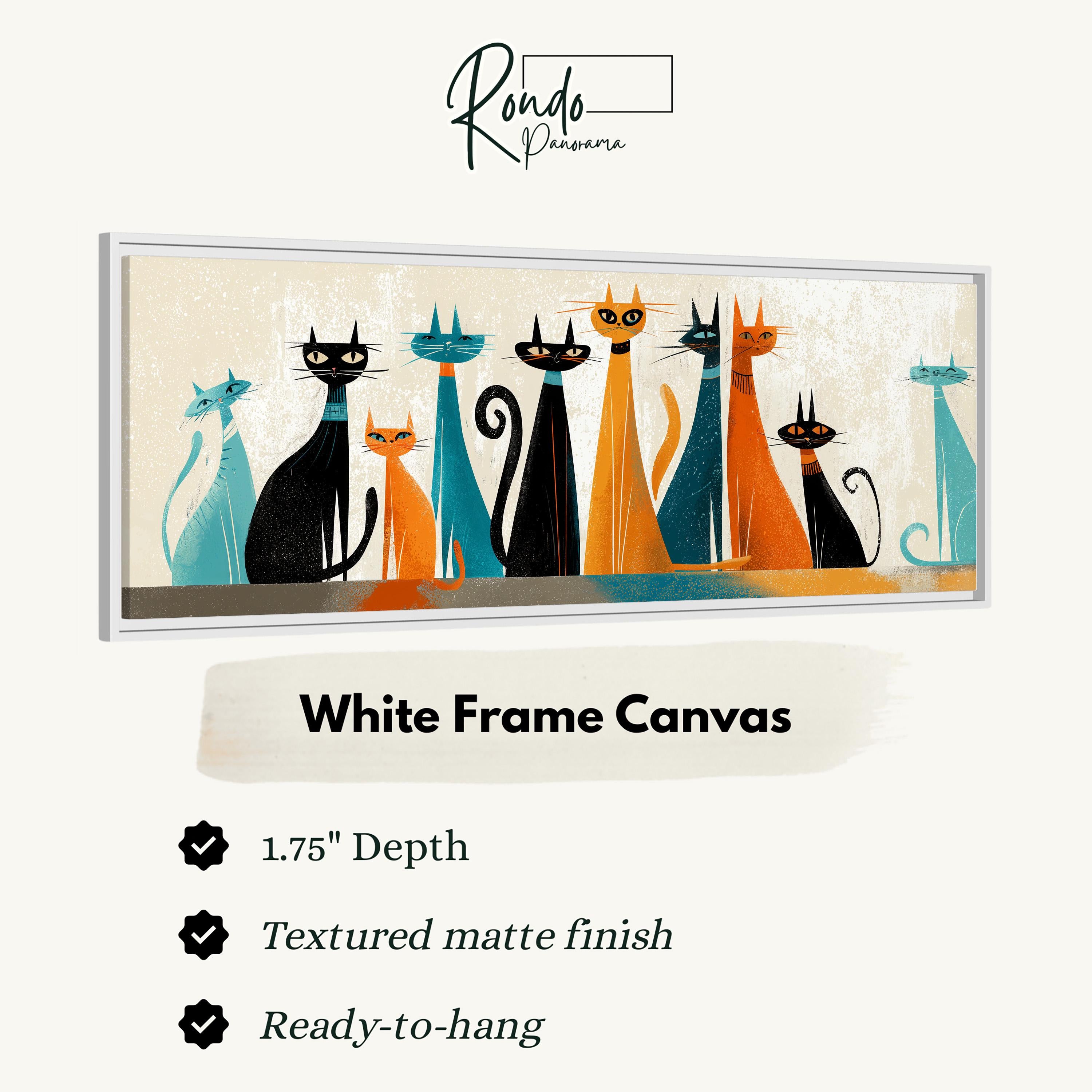 The image is a framed artwork depicting a group of stylized cats in various colors and poses.