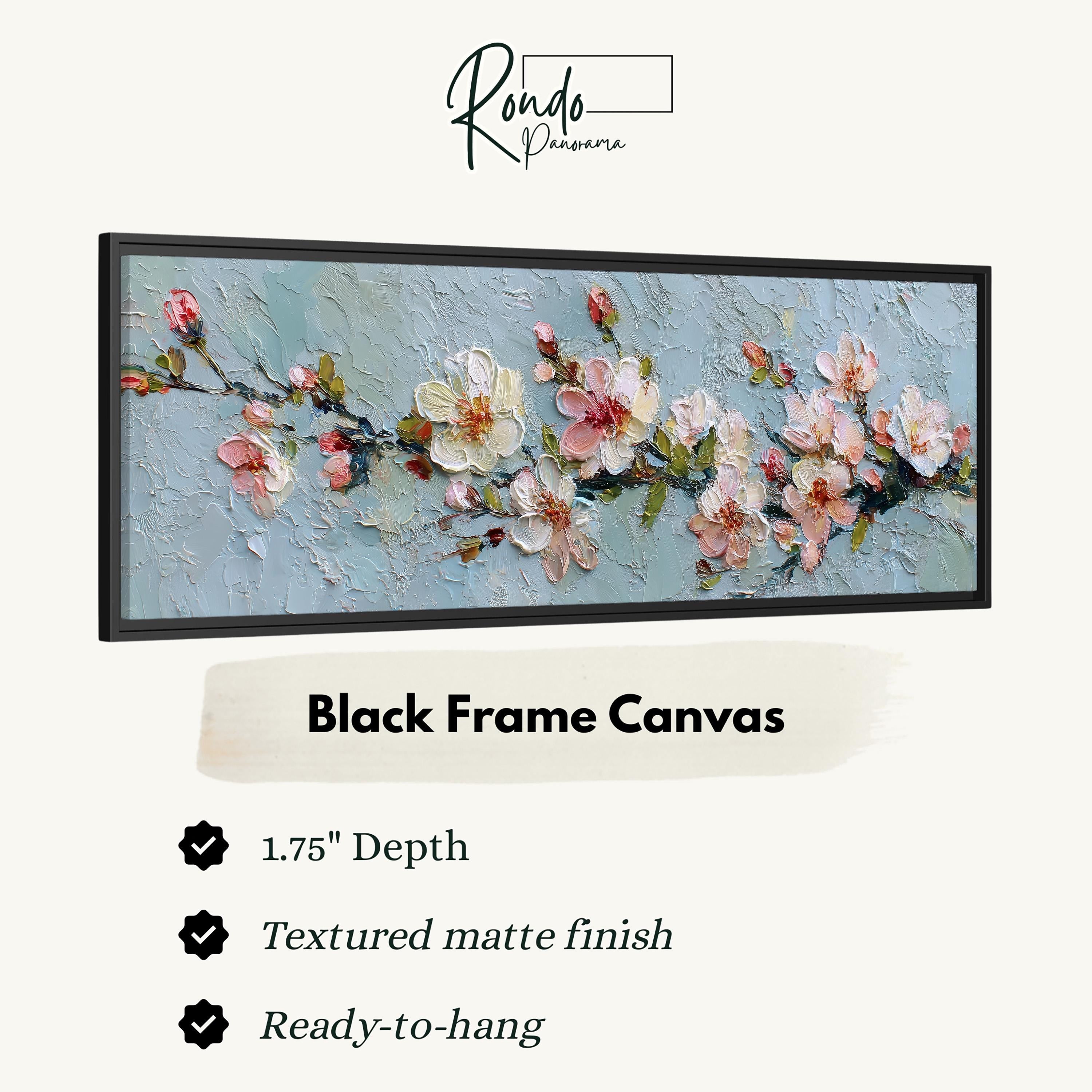 The image is a black frame canvas featuring a painting of pink and white flowers on a blue background.