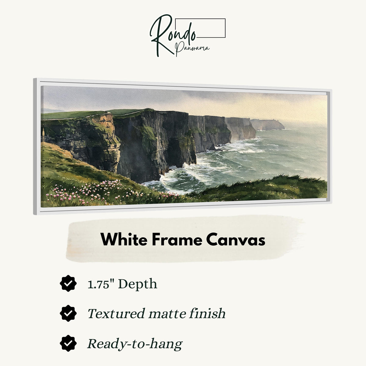 Green sea cliffs with wildflowers canvas print in a white floating frame