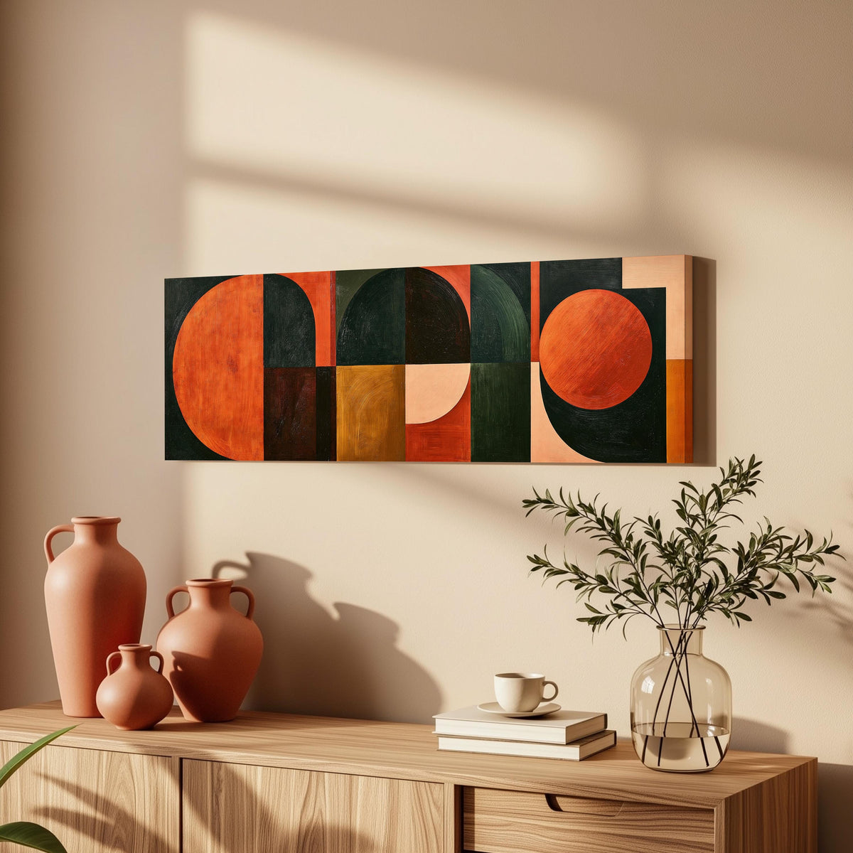 Orange circles and arches on forest green long horizontal canvas print above a wooden sideboard