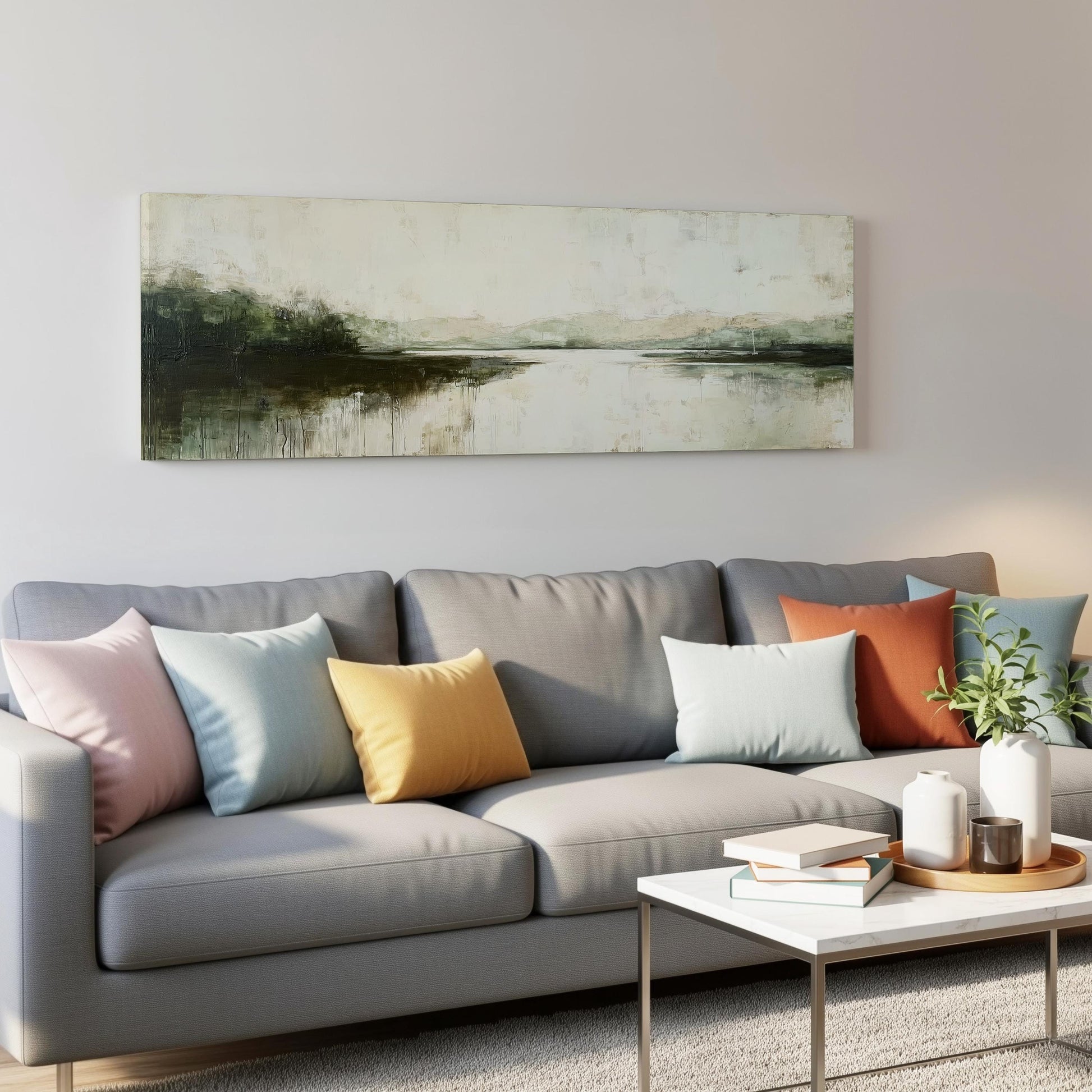 a modern living room with a gray sofa adorned with colorful throw pillows, a white coffee table, and a painting hanging on the wall above the sofa.