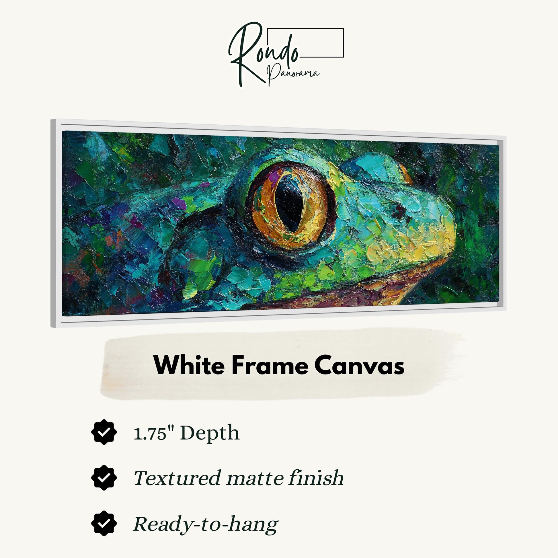 The image is a close-up of a vibrant, textured white frame canvas depicting a close-up of a frog's eye.