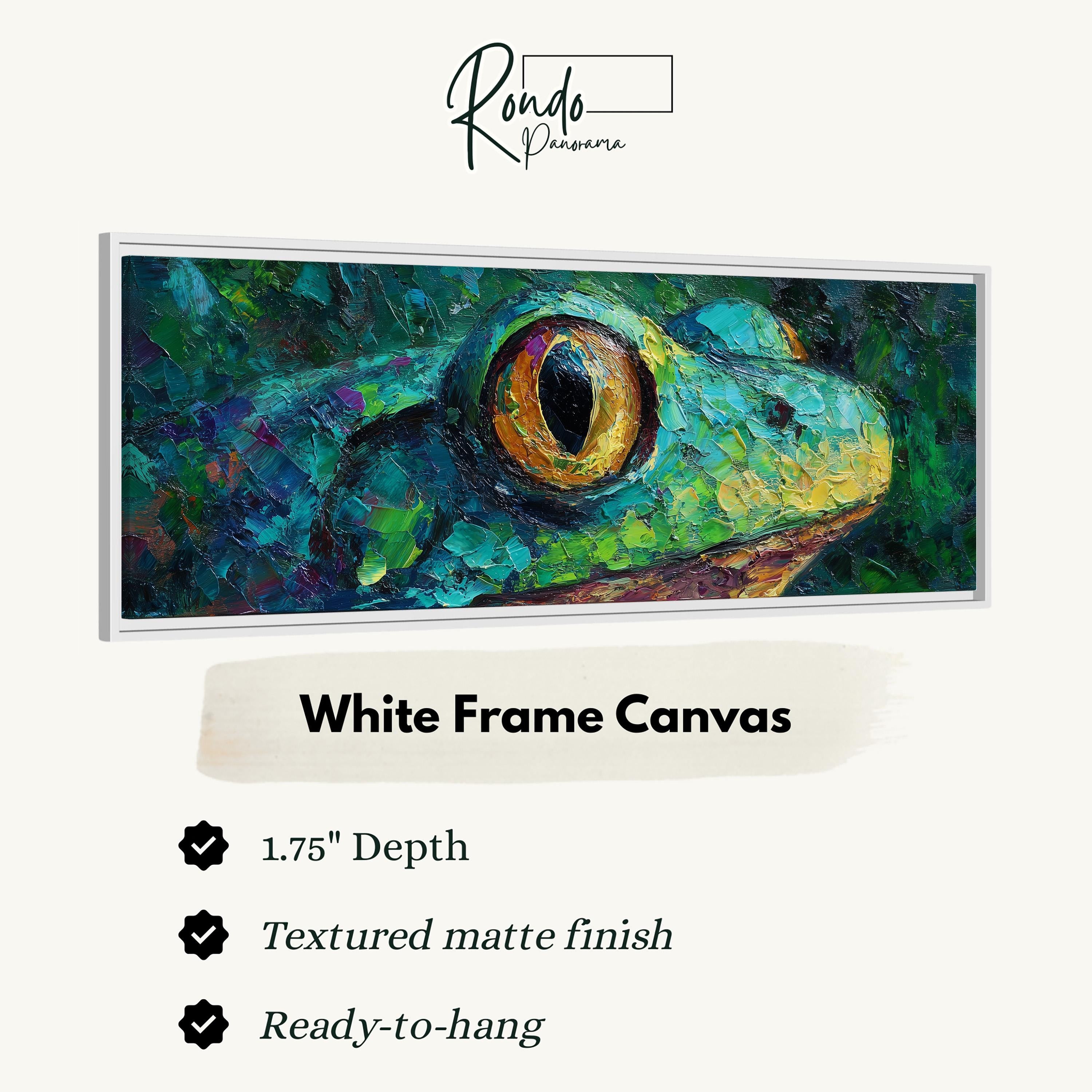 The image is a close-up of a vibrant, textured white frame canvas depicting a close-up of a frog's eye.