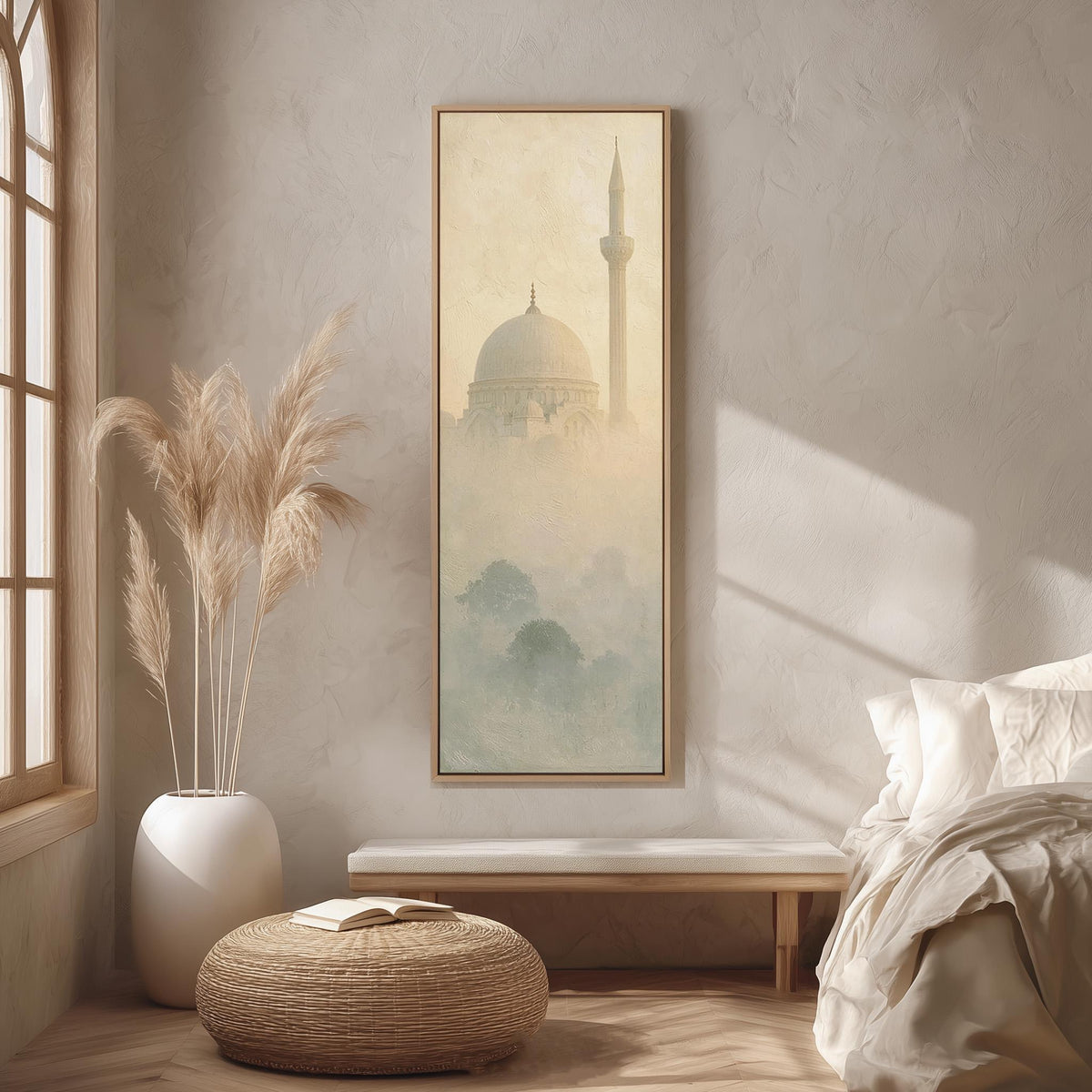 Mosque dome and minaret in the mist long vertical canvas print in a bright reading corner