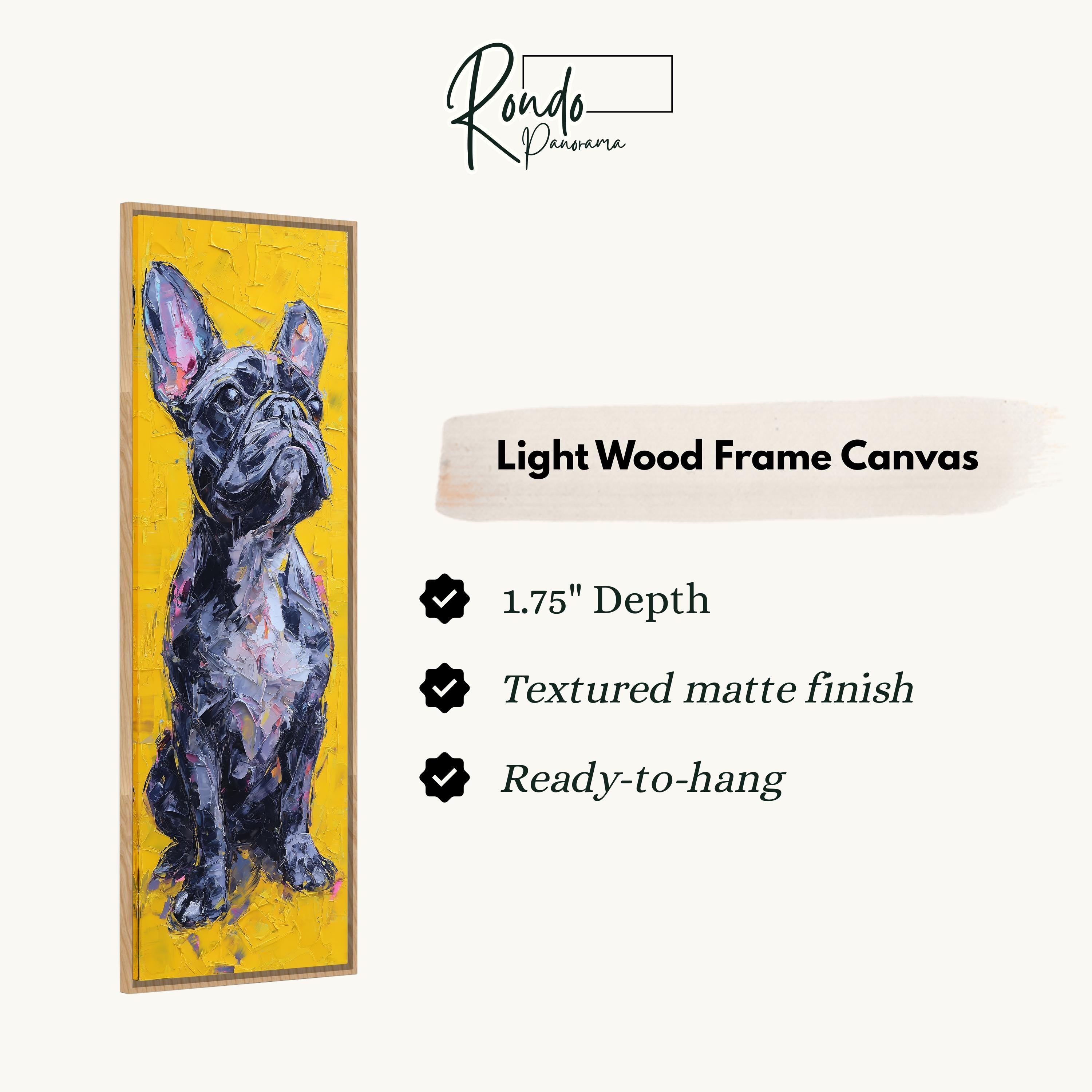 The image is a light wood frame canvas featuring a painting of a French Bulldog.