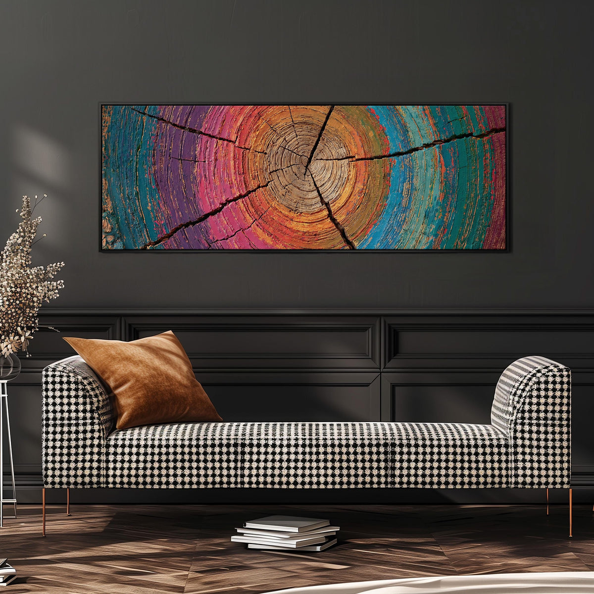 Rainbow tree ring wide panoramic canvas print above a bench in a dark living room