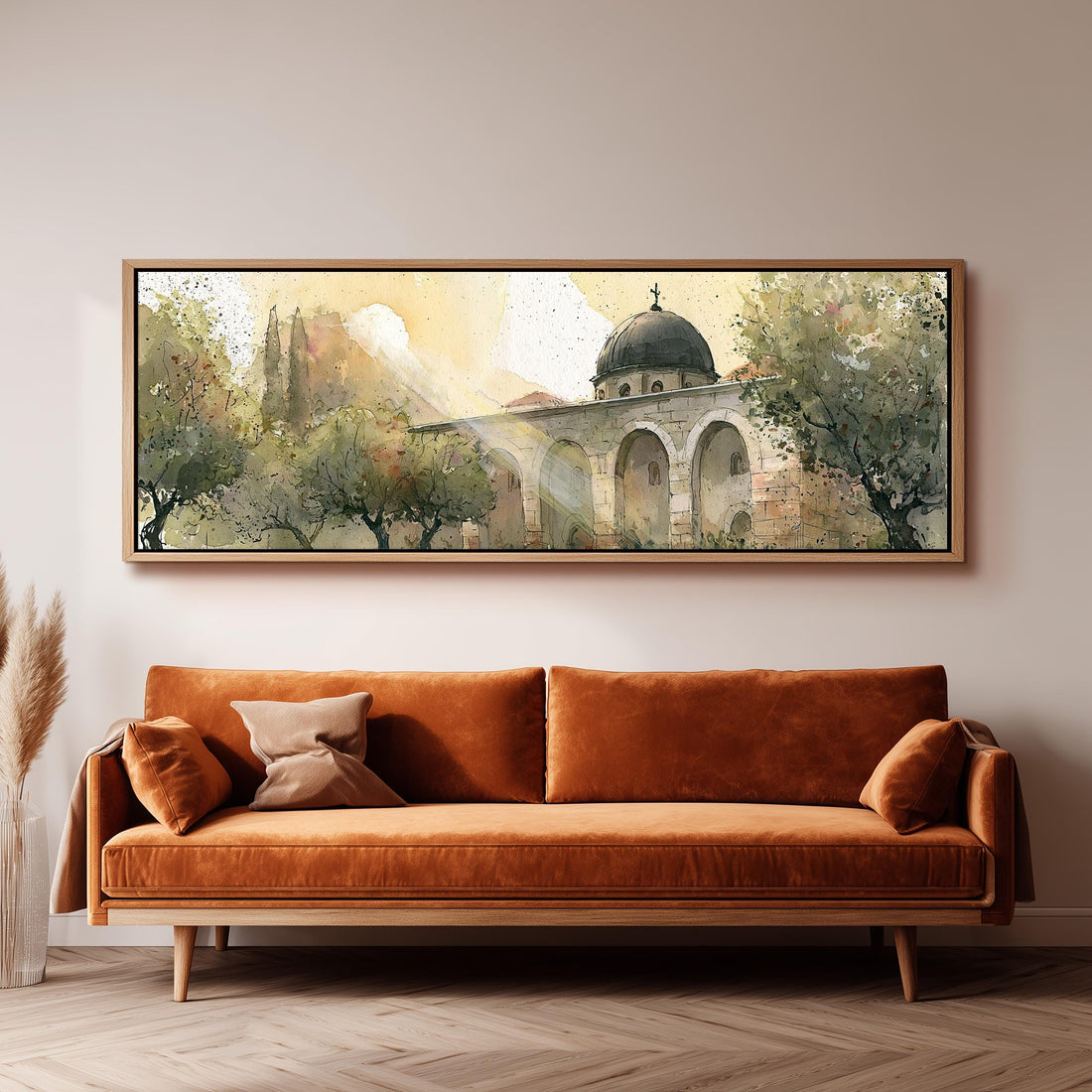 Domed mosque courtyard in watercolor long horizontal canvas print above a sofa in a living room