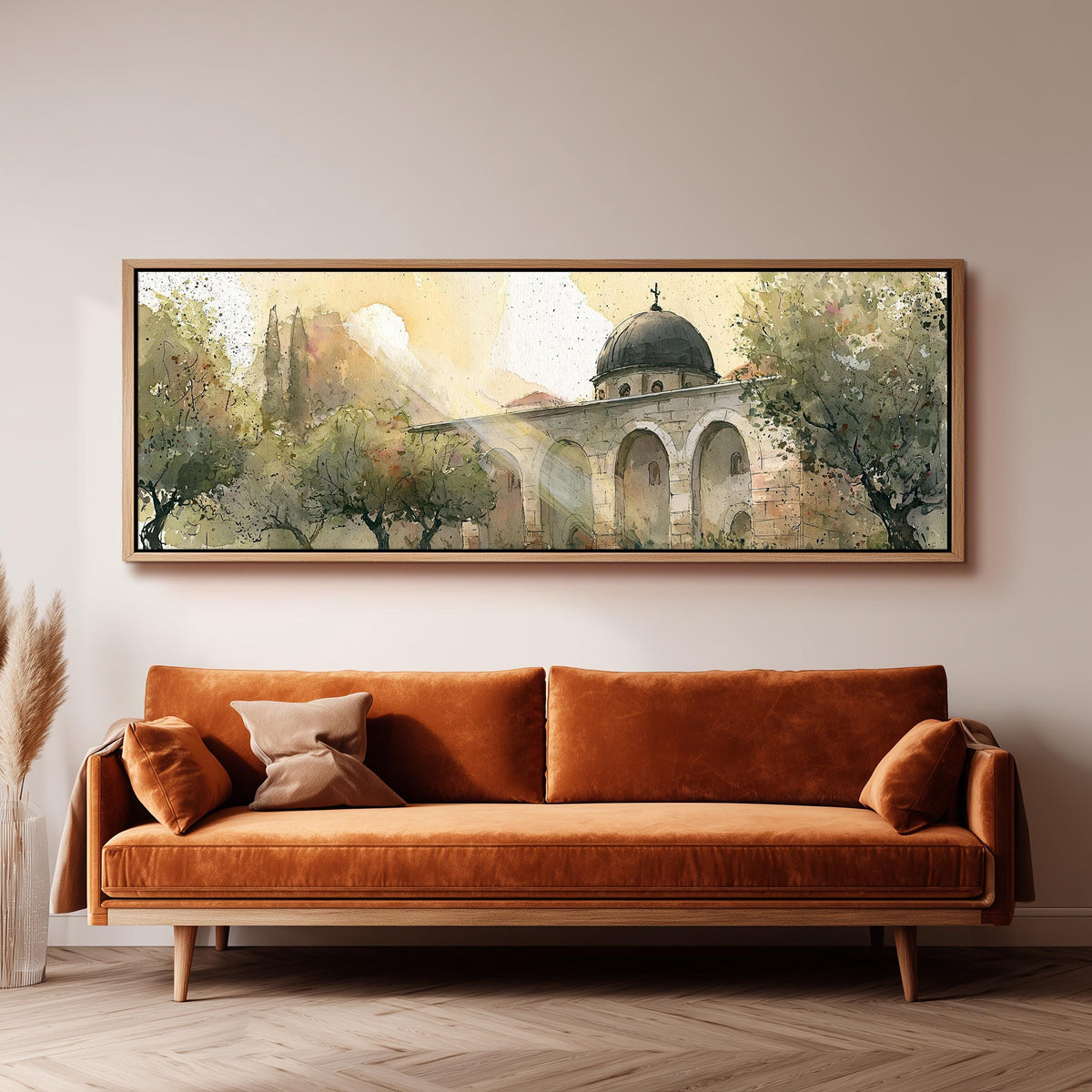 Domed mosque courtyard in watercolor panoramic canvas print above a sofa in a living room