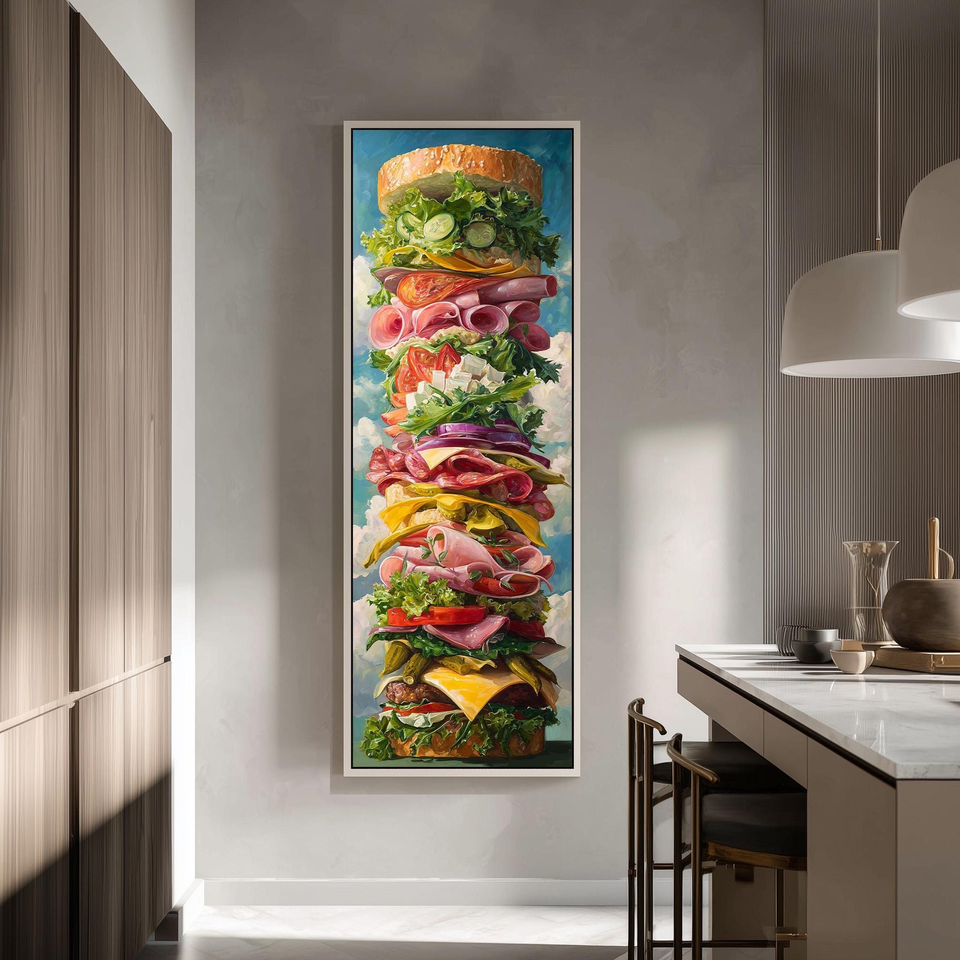 a large, colorful painting of a sandwich on a wall, with various layers of ingredients such as lettuce, tomato, meat, and cheese.