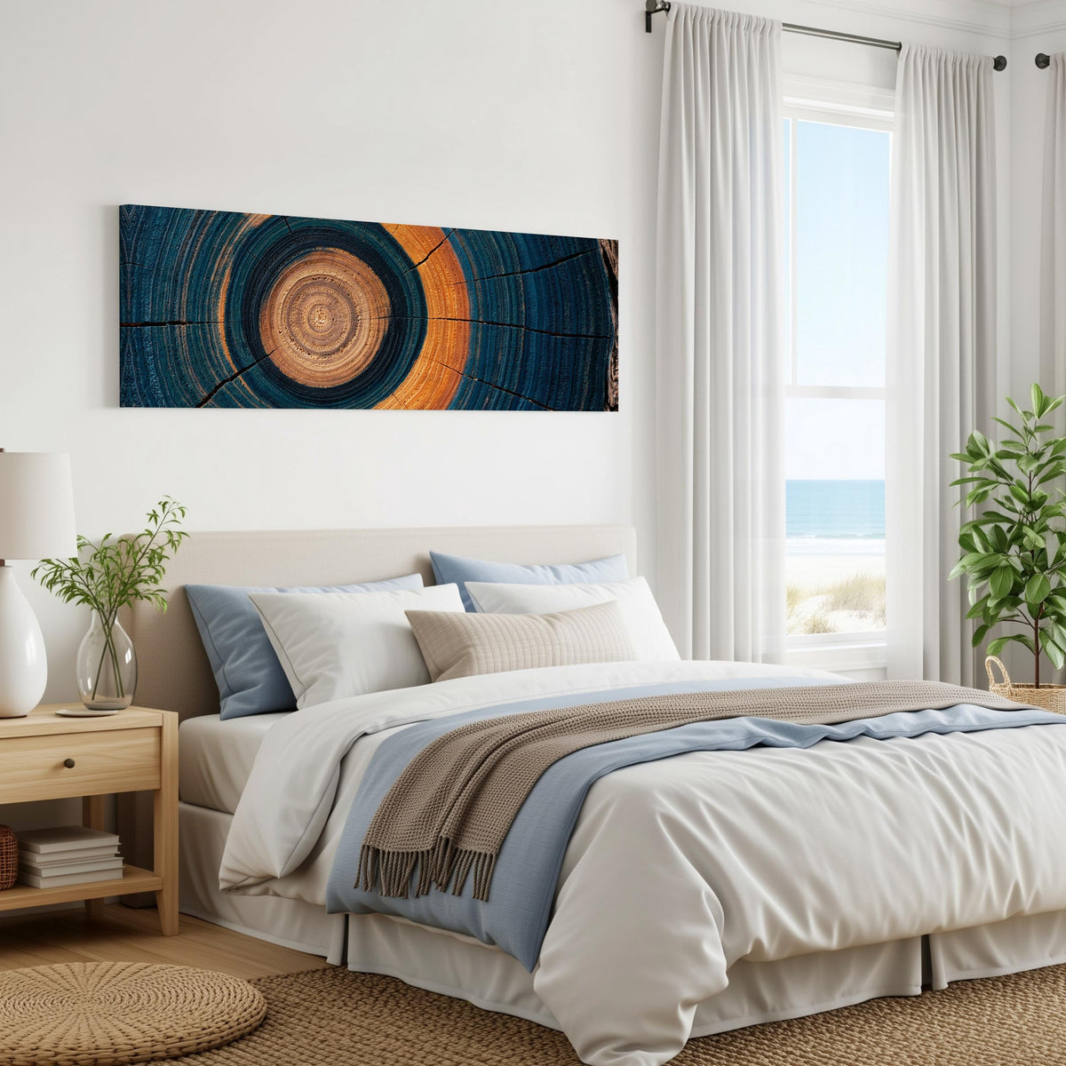 Teal and orange tree ring panoramic canvas print above a bed in a coastal bedroom