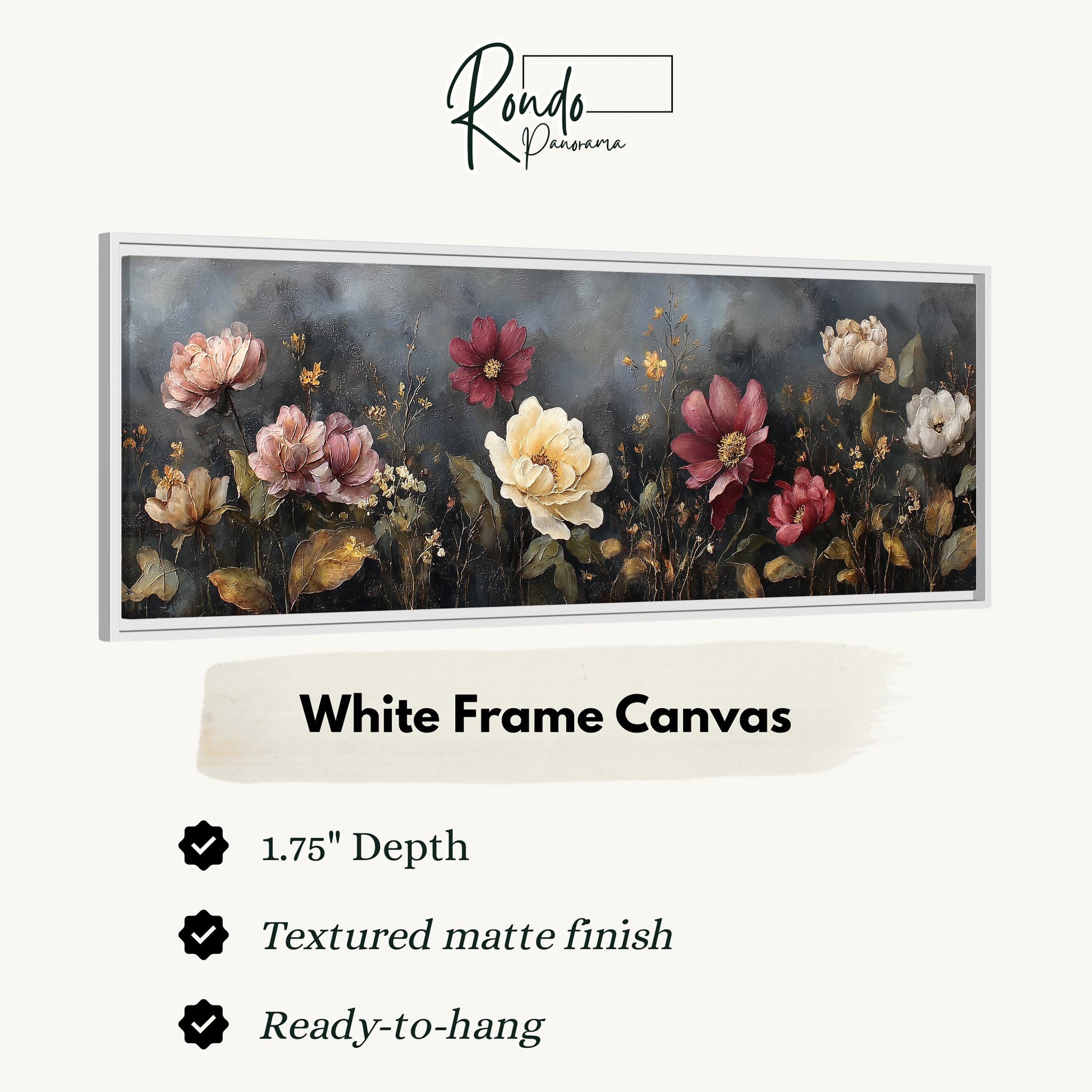 The image is a framed artwork depicting a variety of colorful flowers, including pink, yellow, and red blooms, set against a dark background.