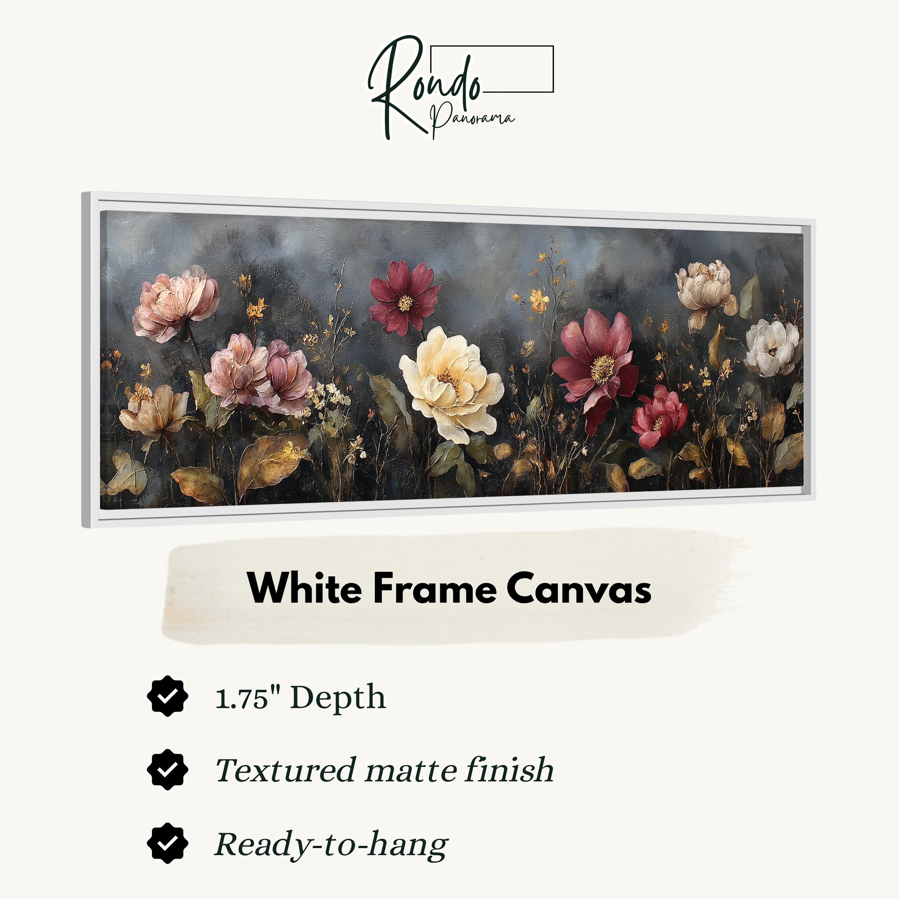 The image is a framed artwork depicting a variety of colorful flowers, including pink, yellow, and red blooms, set against a dark background.
