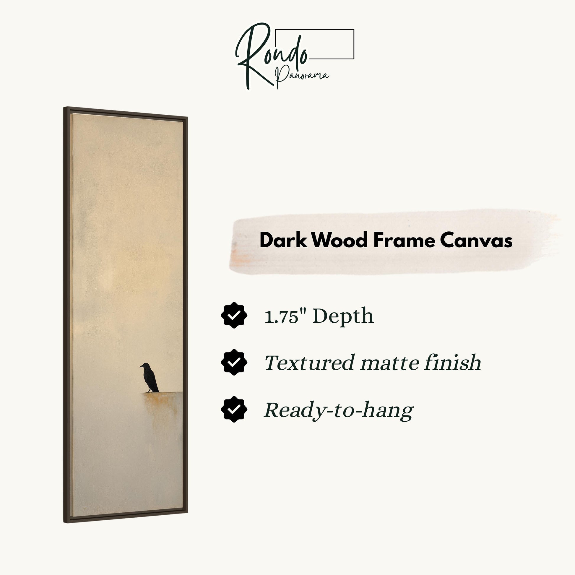 a dark wood frame canvas with a black bird perched on a ledge.