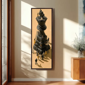Tiny workers climbing a giant chess king long vertical canvas print in a sunlit living space