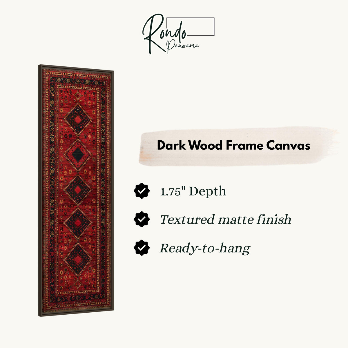Red Persian rug pattern canvas print in a dark wood floating frame
