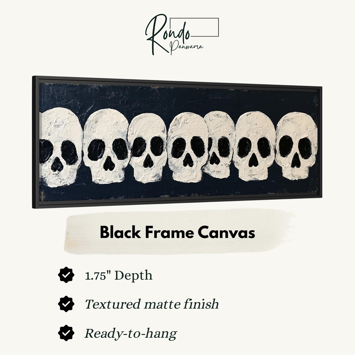 Row of white skulls on navy canvas print in a black floating frame