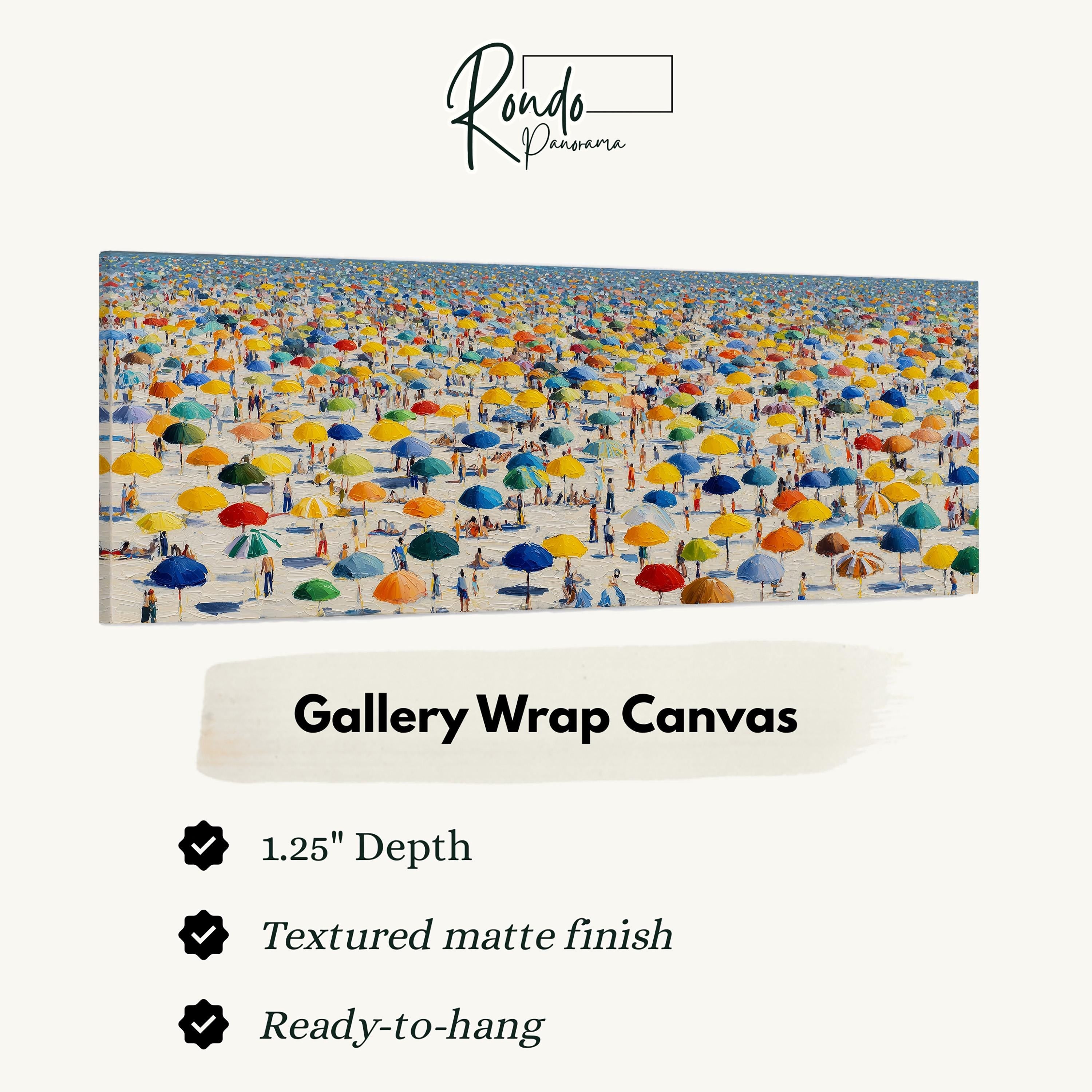 The image is a large canvas print depicting a beach scene with numerous colorful umbrellas and people enjoying the sunny day.