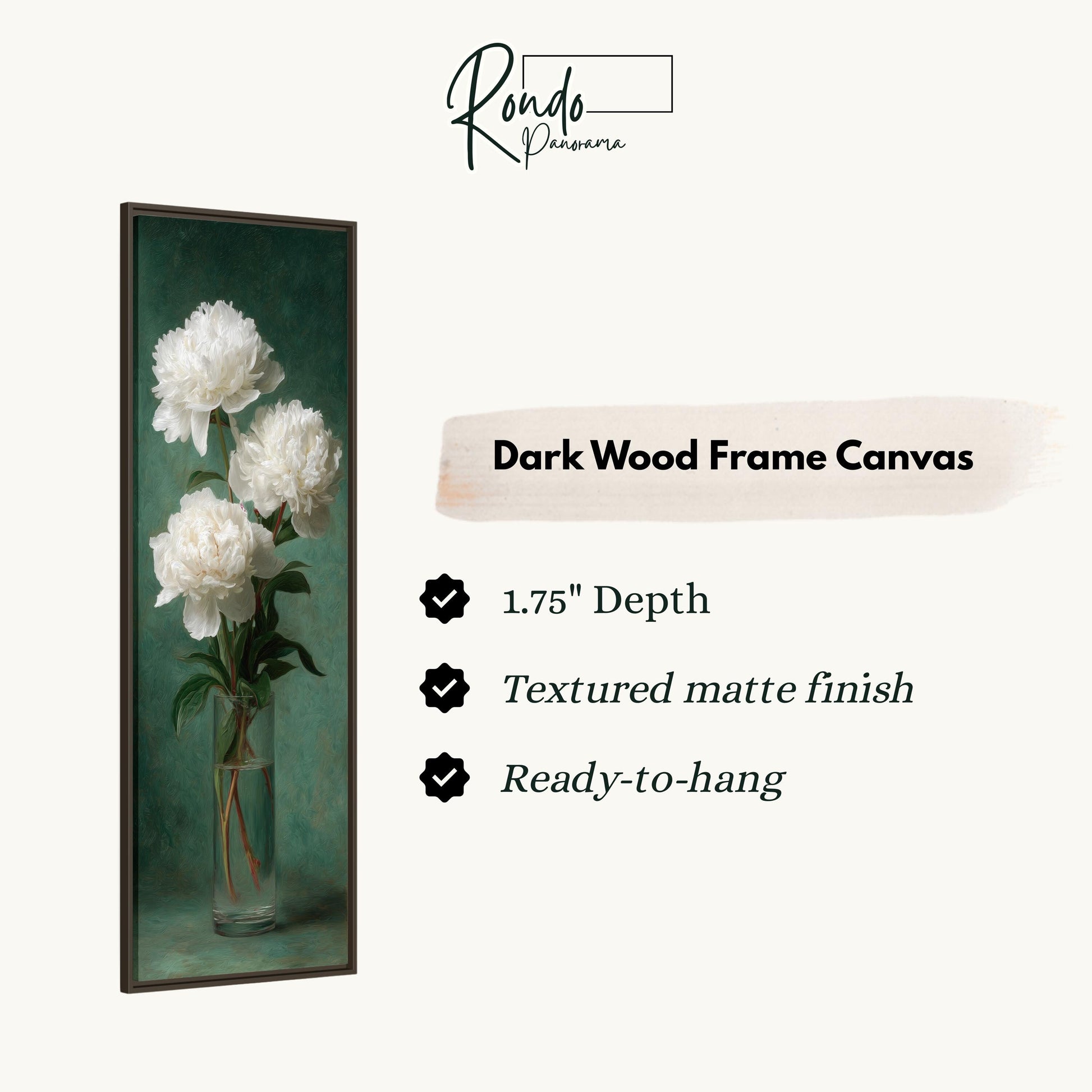 The image is a framed painting of white peonies in a vase, with a dark wood frame.